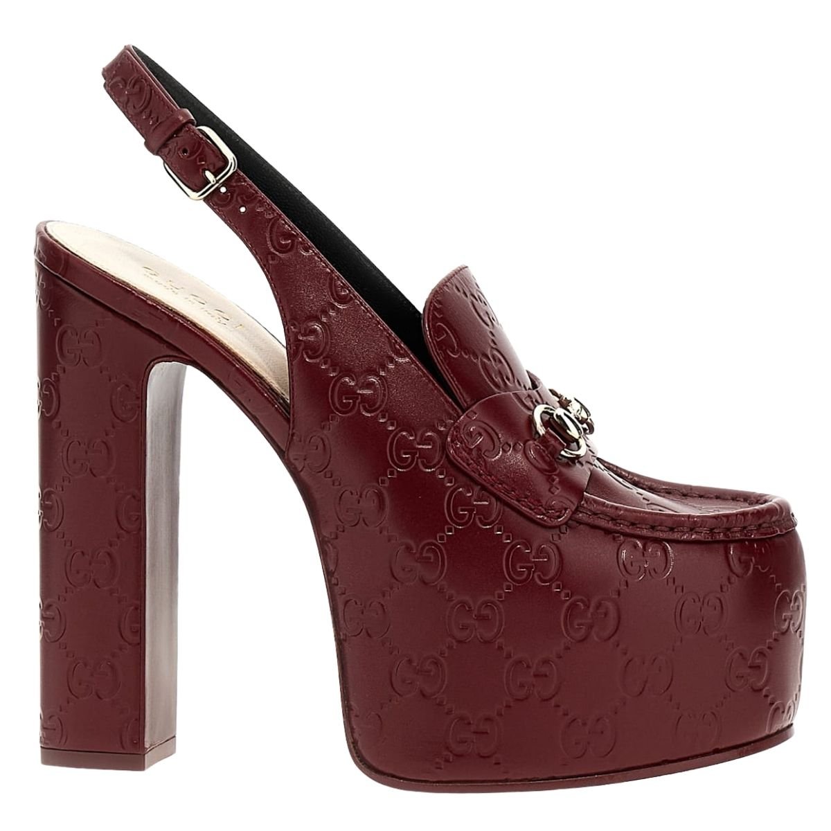 Gucci Ottavia GG platform pumps burgundy embossed leather with horsebit hardware