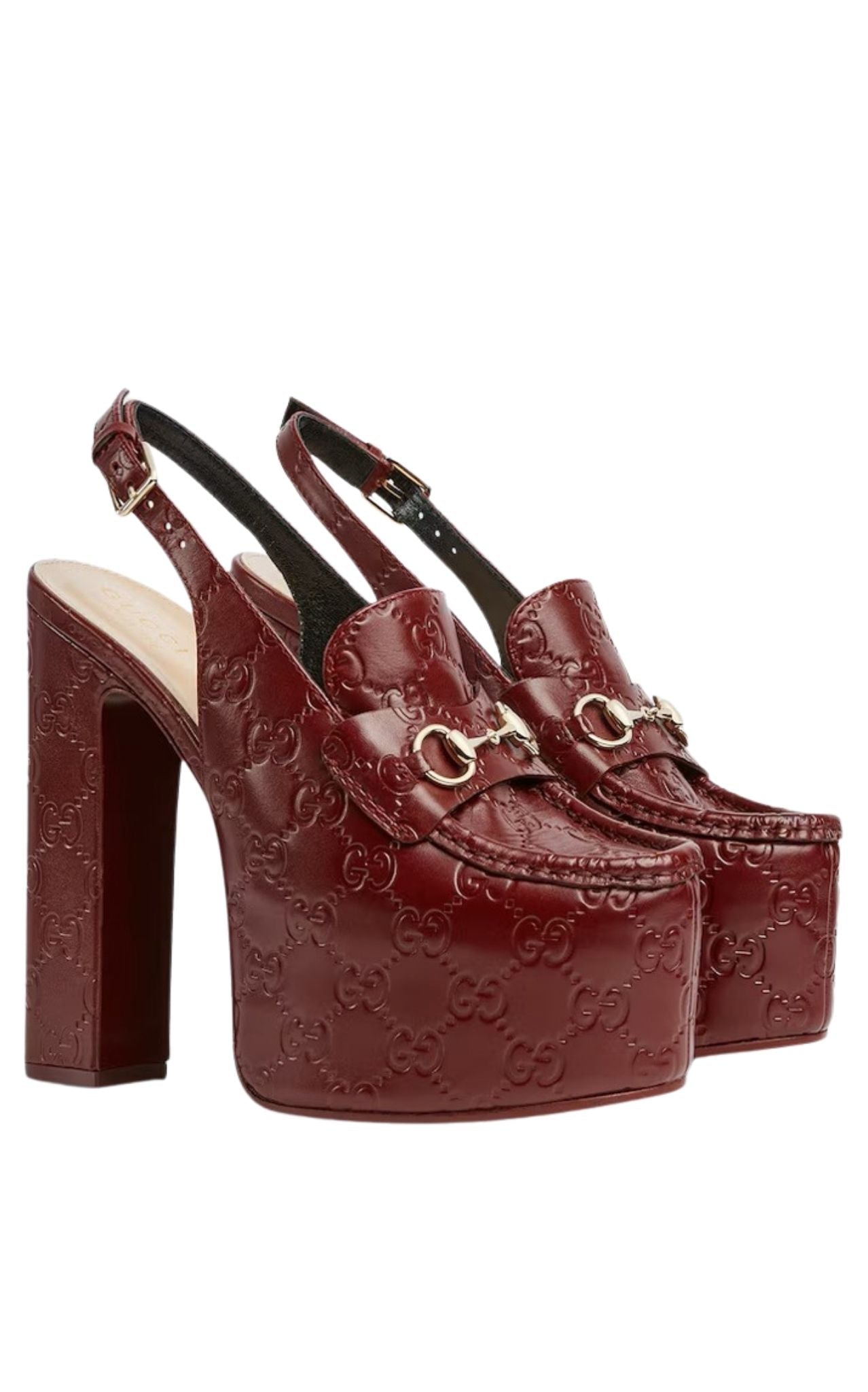 Gucci Ottavia GG platform pumps burgundy embossed leather with horsebit hardware