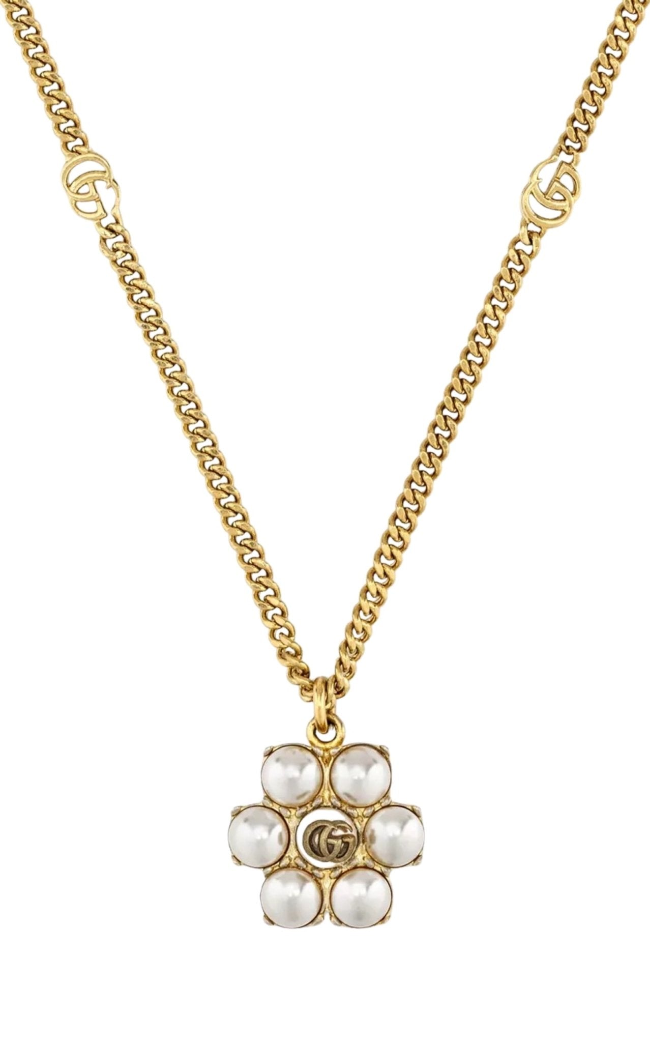 Close-up of Gucci pearl double G pendant necklace