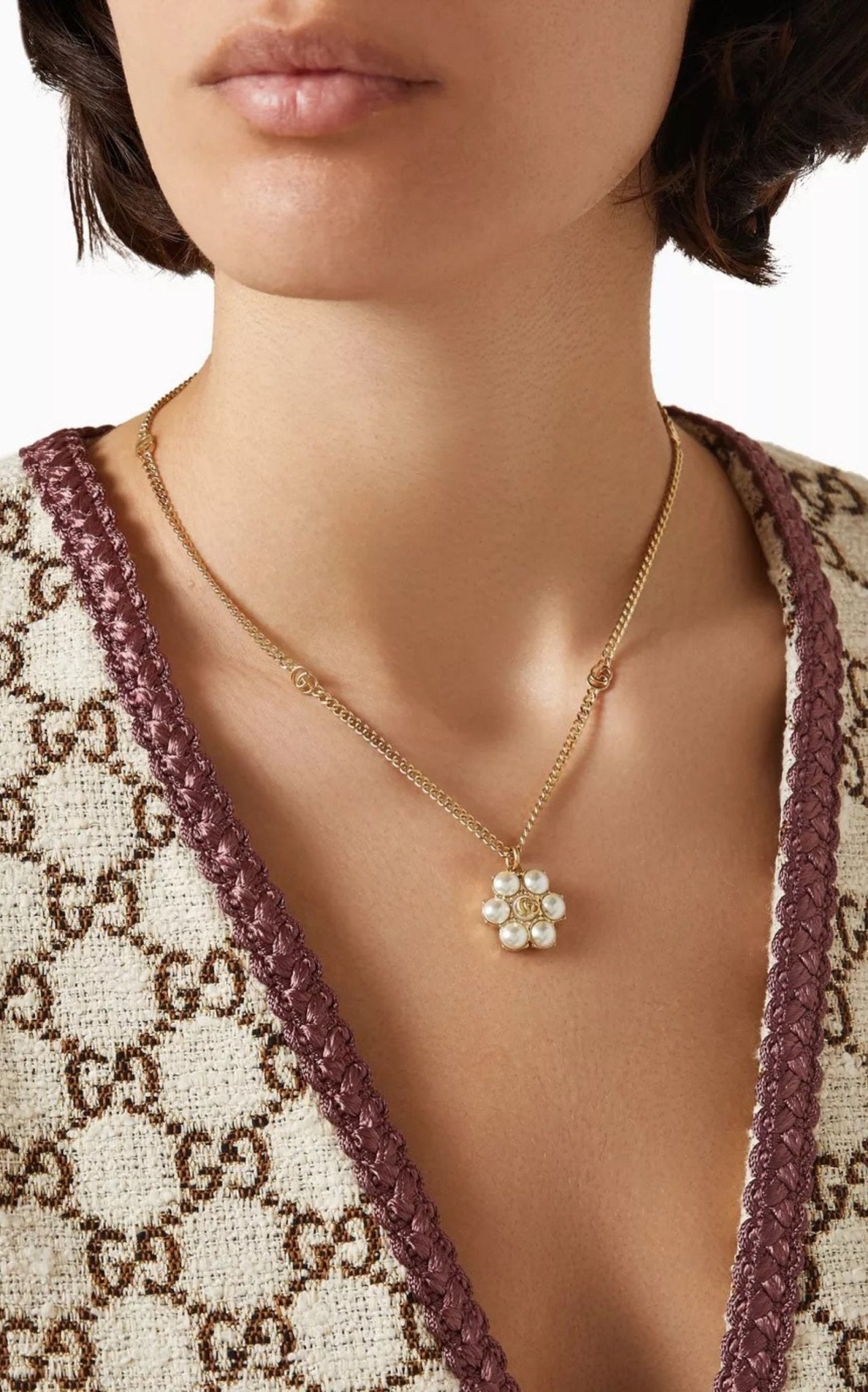 Gucci pearl double G necklace styled on model