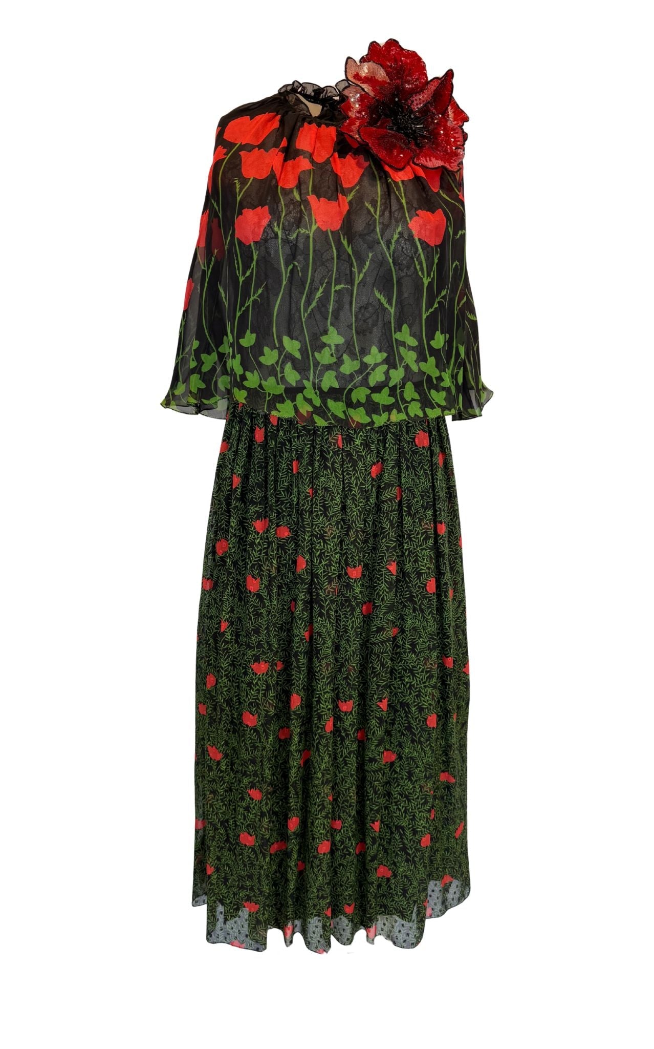 Gucci Poppy Field fil coupé silk cape dress with floral print