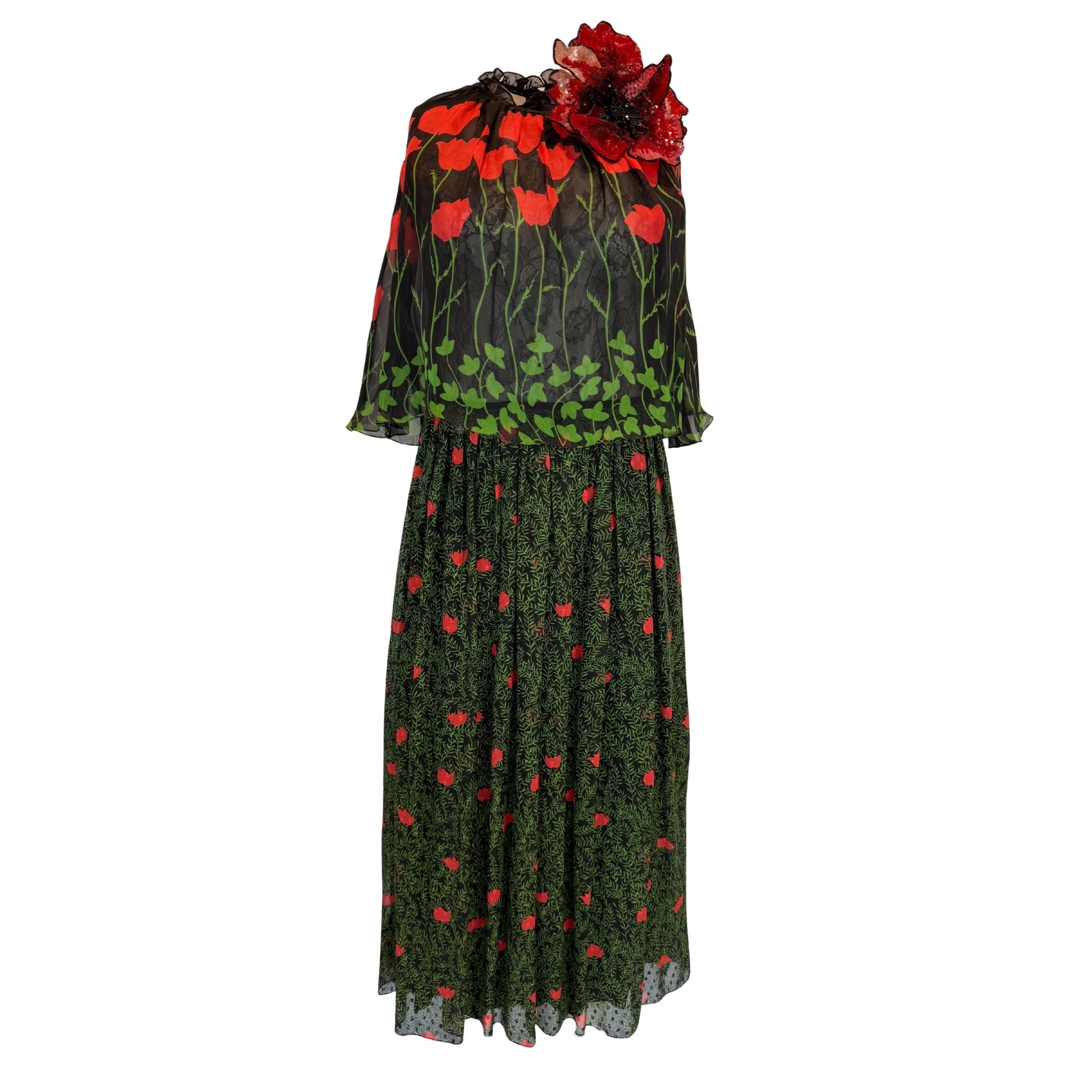 Gucci Poppy Field Fil Coupé Silk Cape Dress - Runway Catalog
