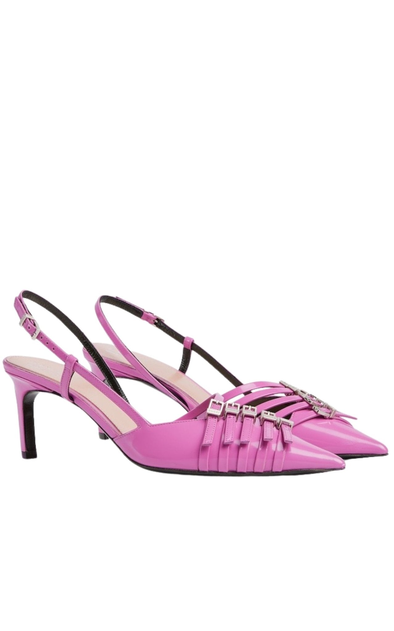 Side view of Gucci Regent leather slingback pumps with buckle detailing and stiletto heel