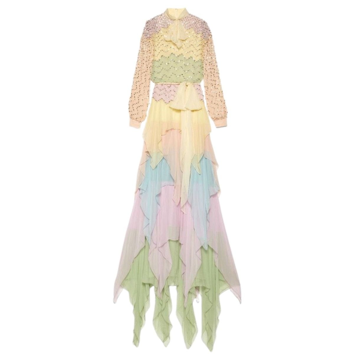 Gucci Ruffled Silk Gown Embellished with Pearls & Rhinestones - Runway Catalog