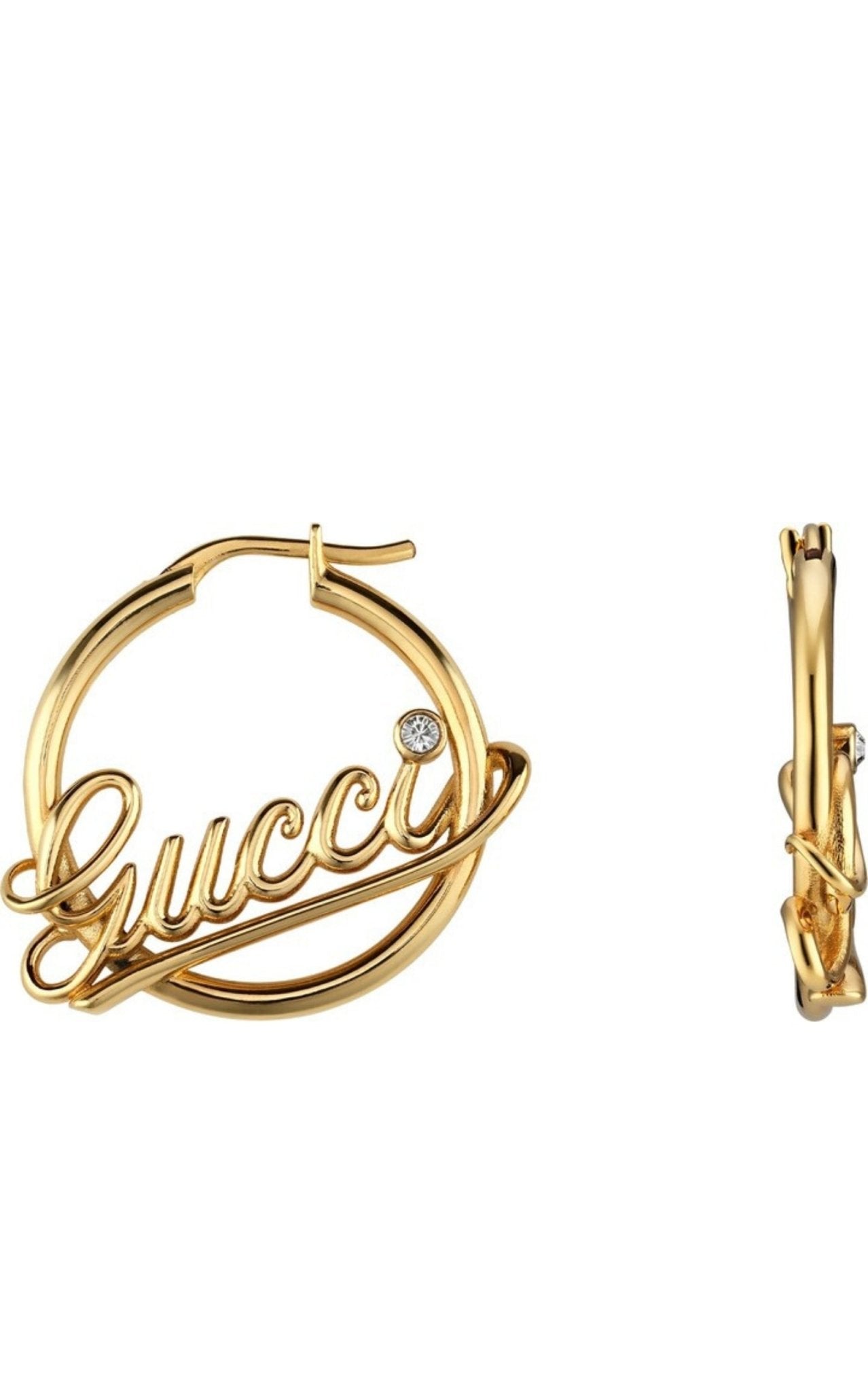 Gucci script logo crystal gold tone hoop earrings