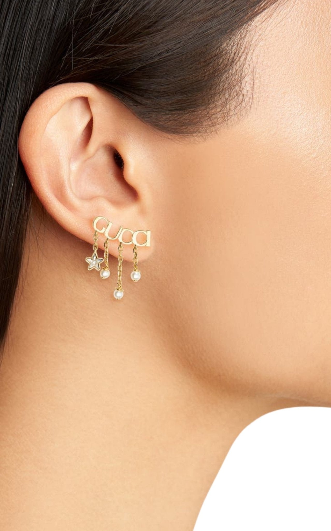 Gucci script logo single earring in gold tone with crystal charms
