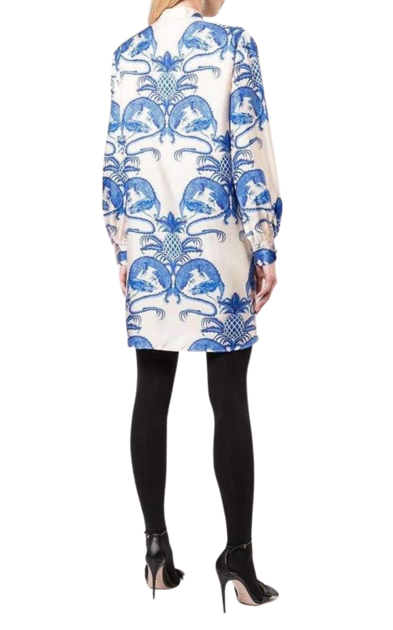 Gucci Silk Dragon Print Twill Ruffle Neck Dress - Runway Catalog