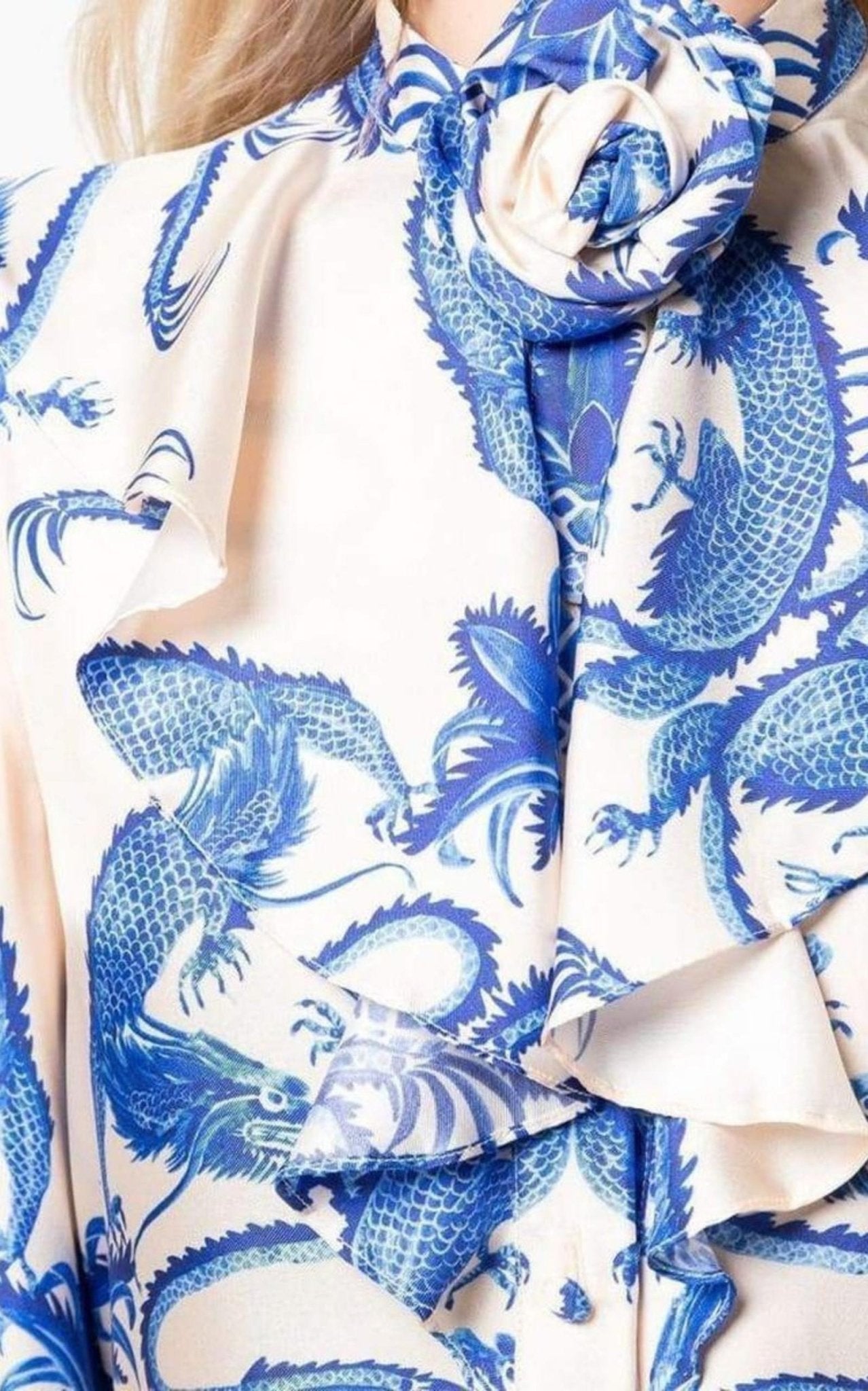 Gucci Silk Dragon Print Twill Ruffle Neck Dress - Runway Catalog