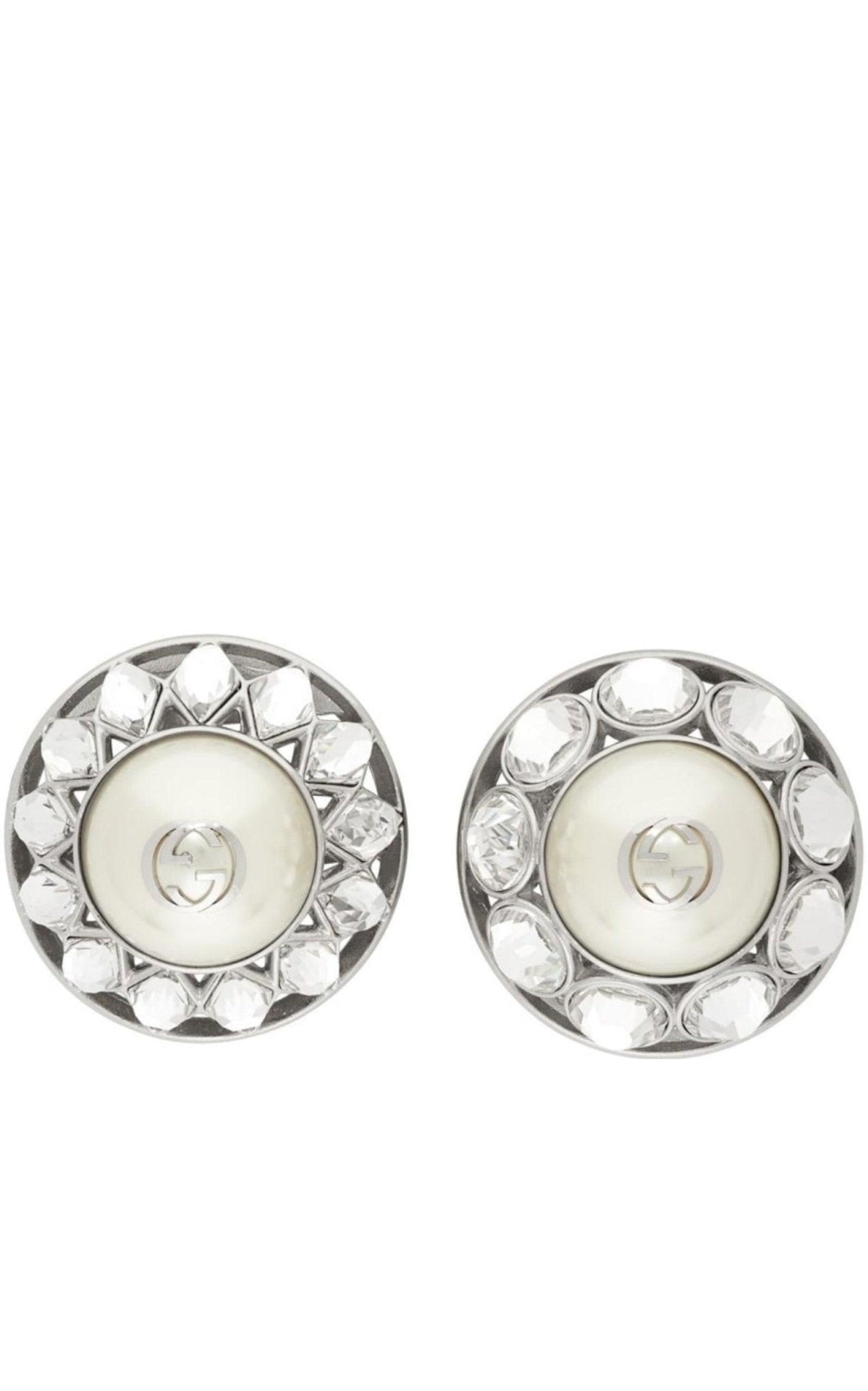 Gucci Silver Crystal & Pearl Interlocking G Earrings - Runway Catalog