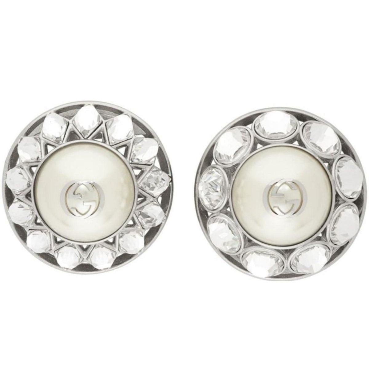 Gucci Silber Kristall & Perle ineinander verschlungene G Ohrringe – Laufsteg-Katalog