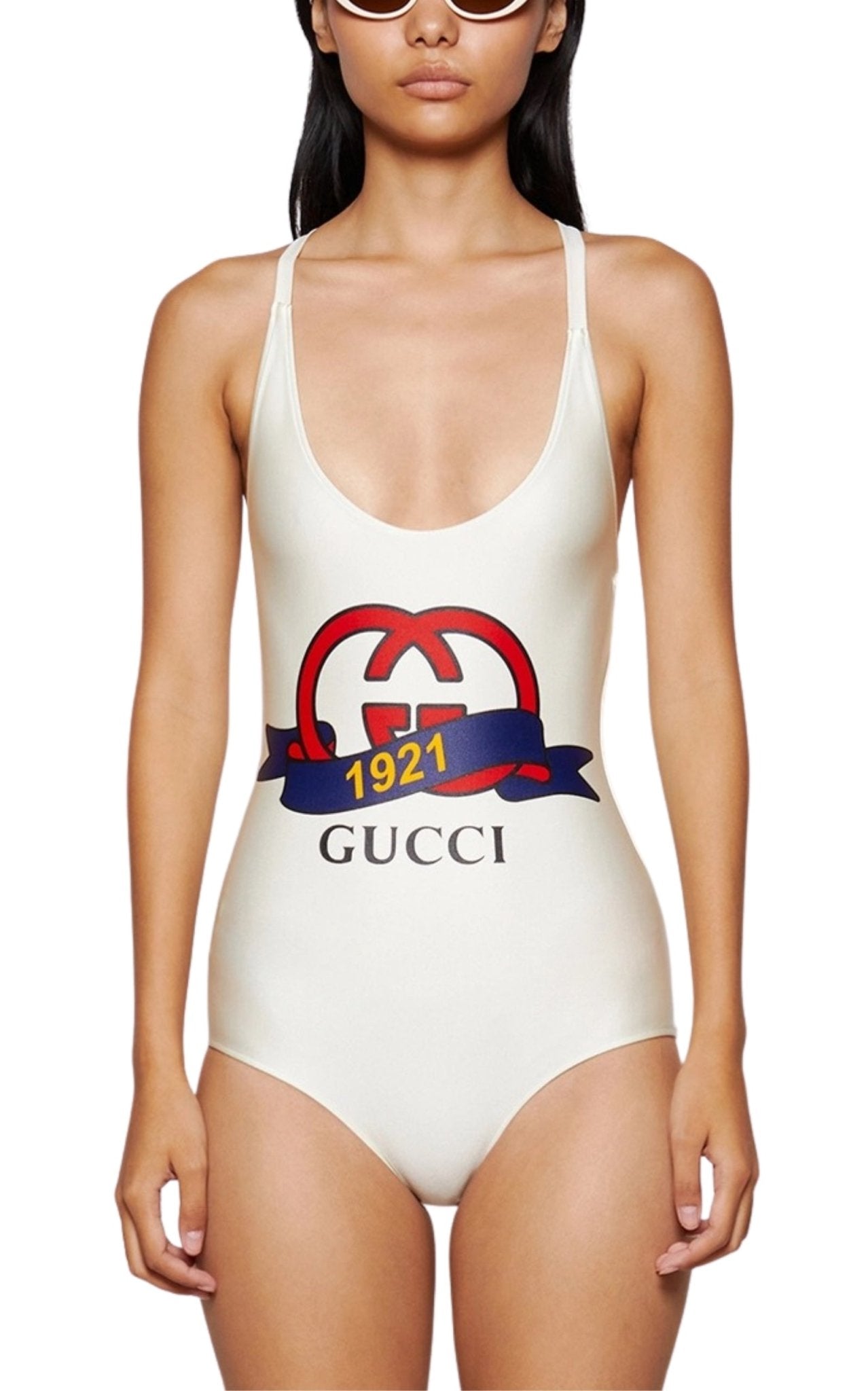Gucci ivory sparkling jersey swimsuit with Interlocking G 1921 print