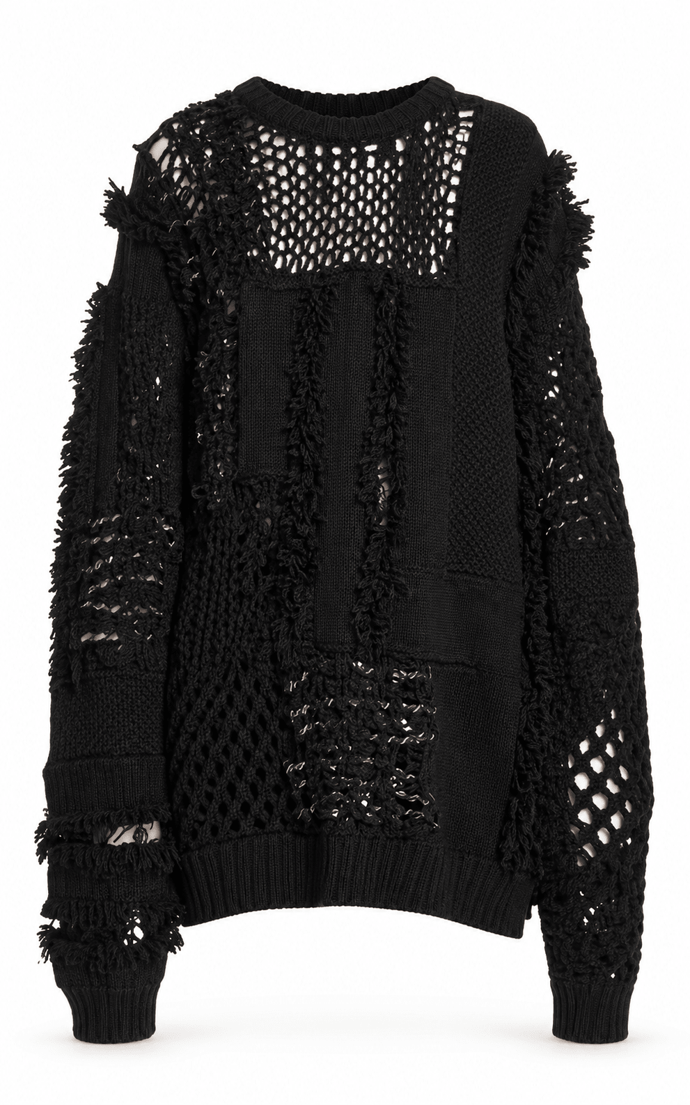 A black distressed open-knit sweater with frayed details and patchwork crochet panels, shown against a plain white background.