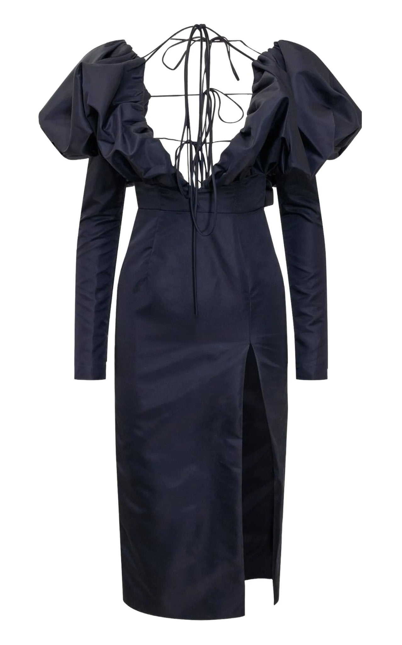 LaQuan Smith Faille Halter Neck Puff Sleeve Midi Dress - Runway Catalog