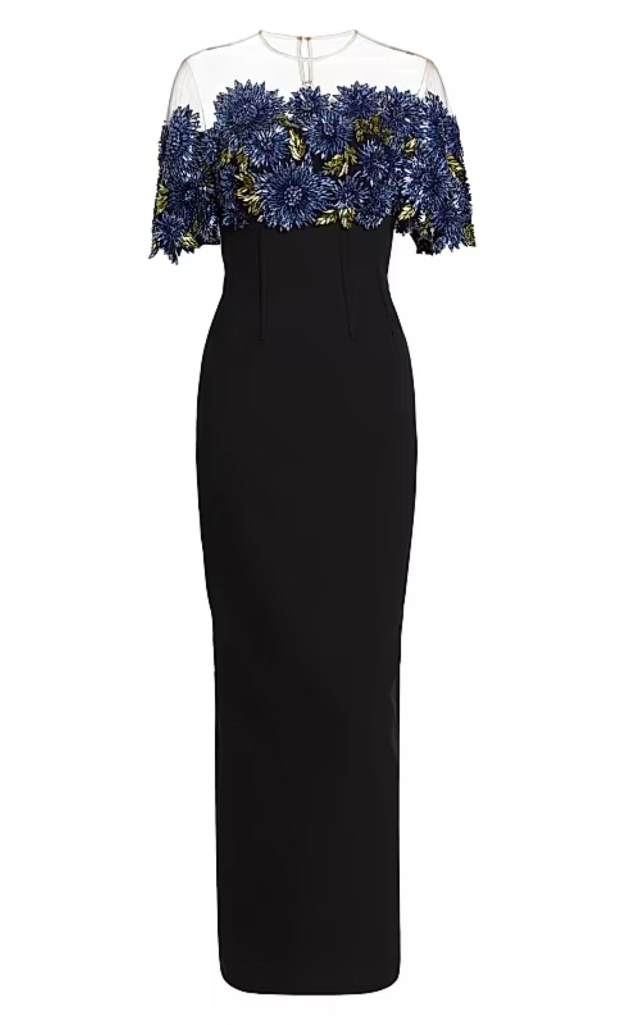 Lela Rose beaded floral illusion-neck column gown