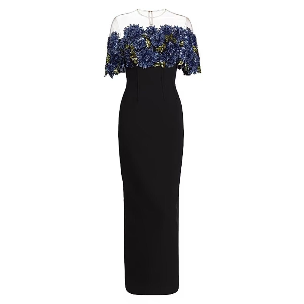 Lela Rose Beaded Floral Illusion Neck Column Gown - Runway Catalog