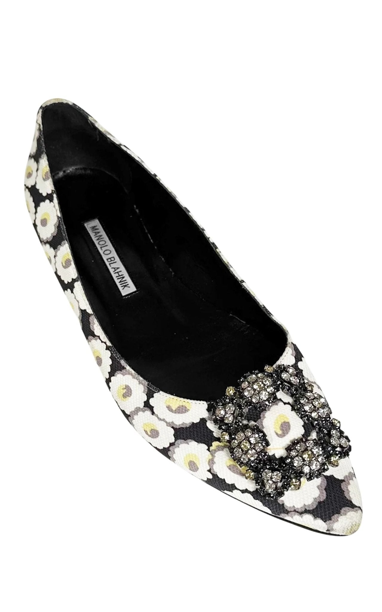 Manolo Blahnik Crystal Brooch Floral Print Flats - Runway Catalog
