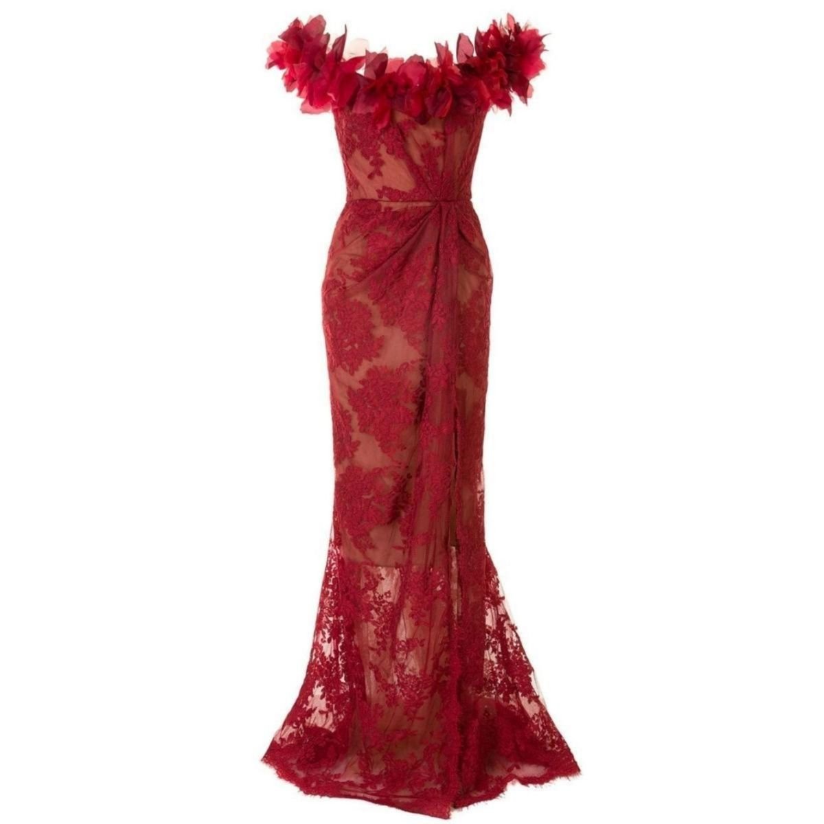 Marchesa Floral Lace Off - The - Shoulder Gown - Runway Catalog