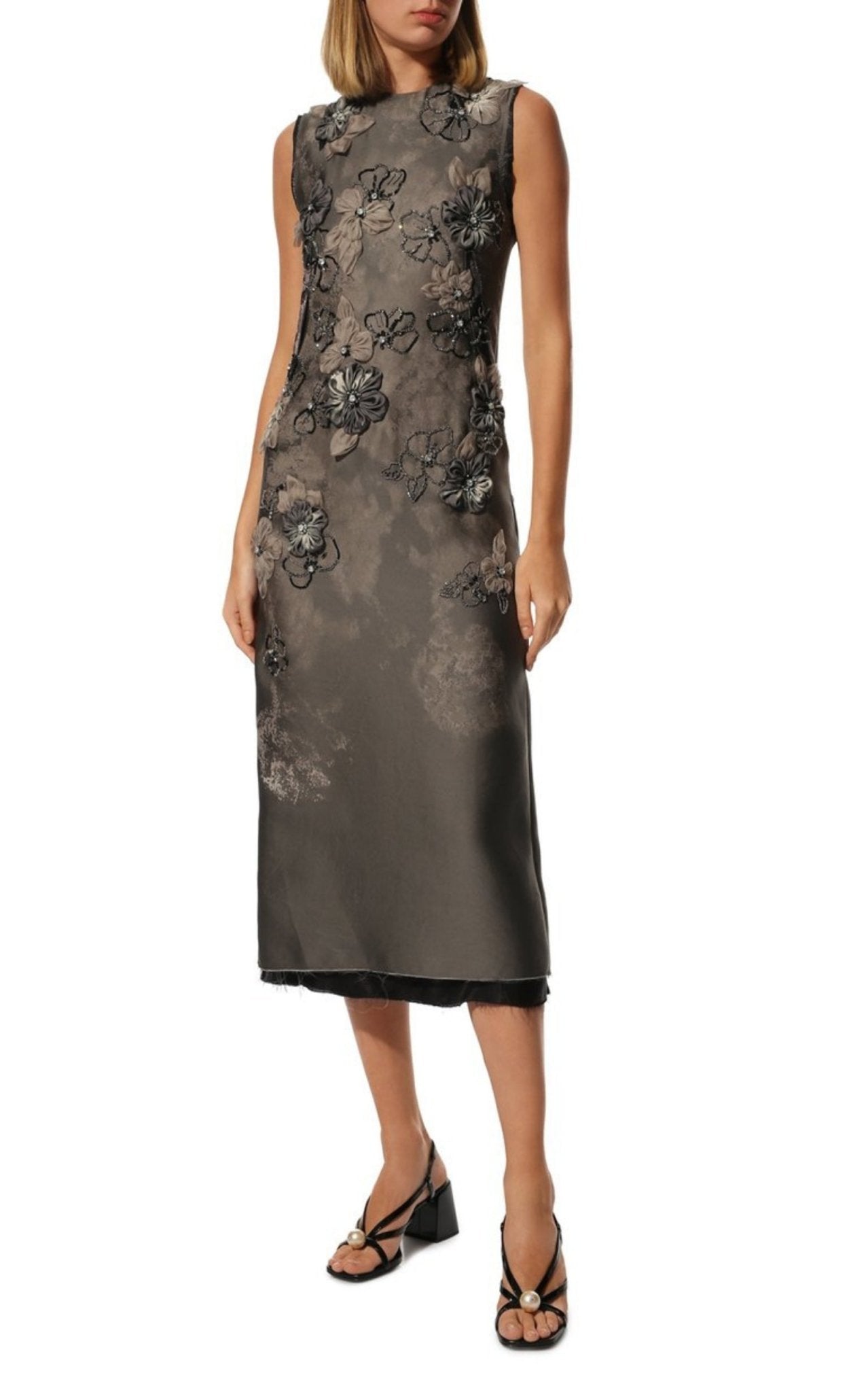 Miu Miu Graphite grey_sheath_dress_with_organza_floral_appliqus