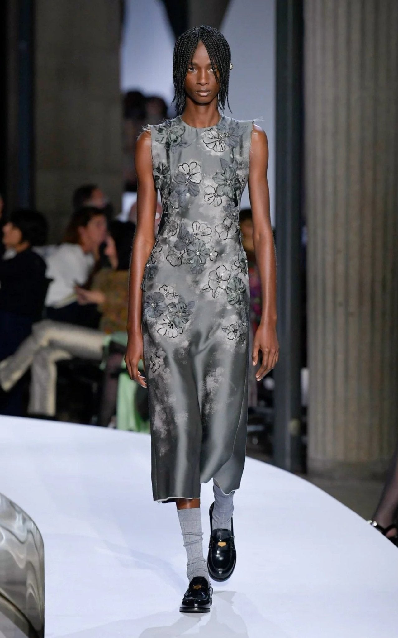 Miu Miu Graphite grey_sheath_dress_with_organza_floral_appliqu_s