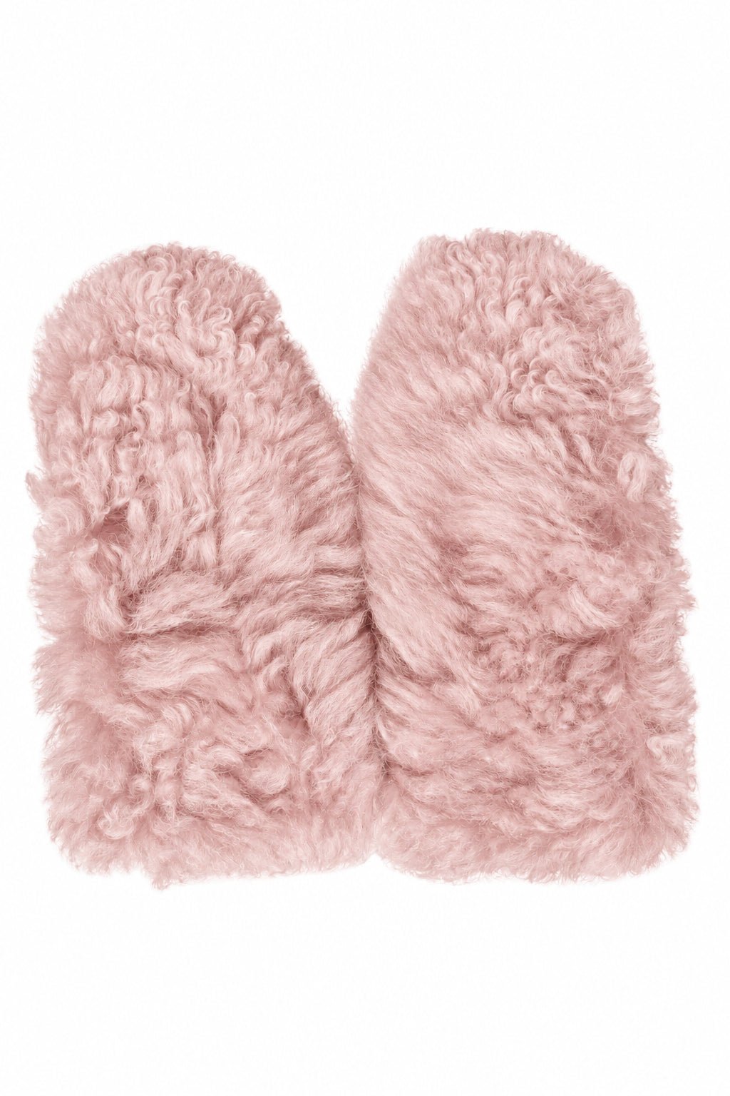 A pair of fluffy, curly, shearling fur Miu Miu mittens in a dusty pink color, shown against a plain white background.