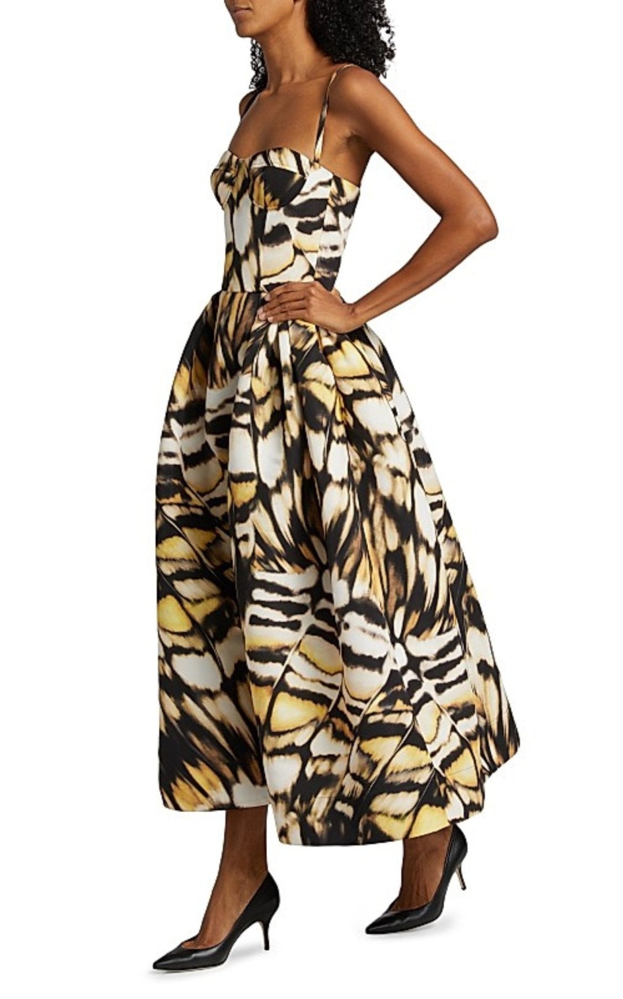 Side view of Oscar de la Renta butterfly print faille dress