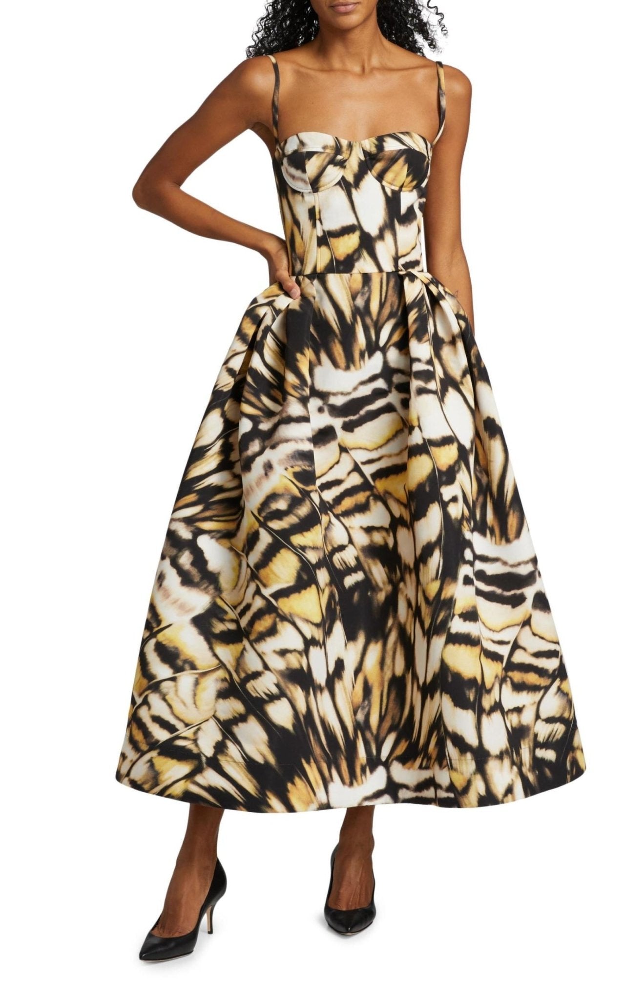 Oscar de la Renta abstract butterfly faille dress with bustier bodice on a model