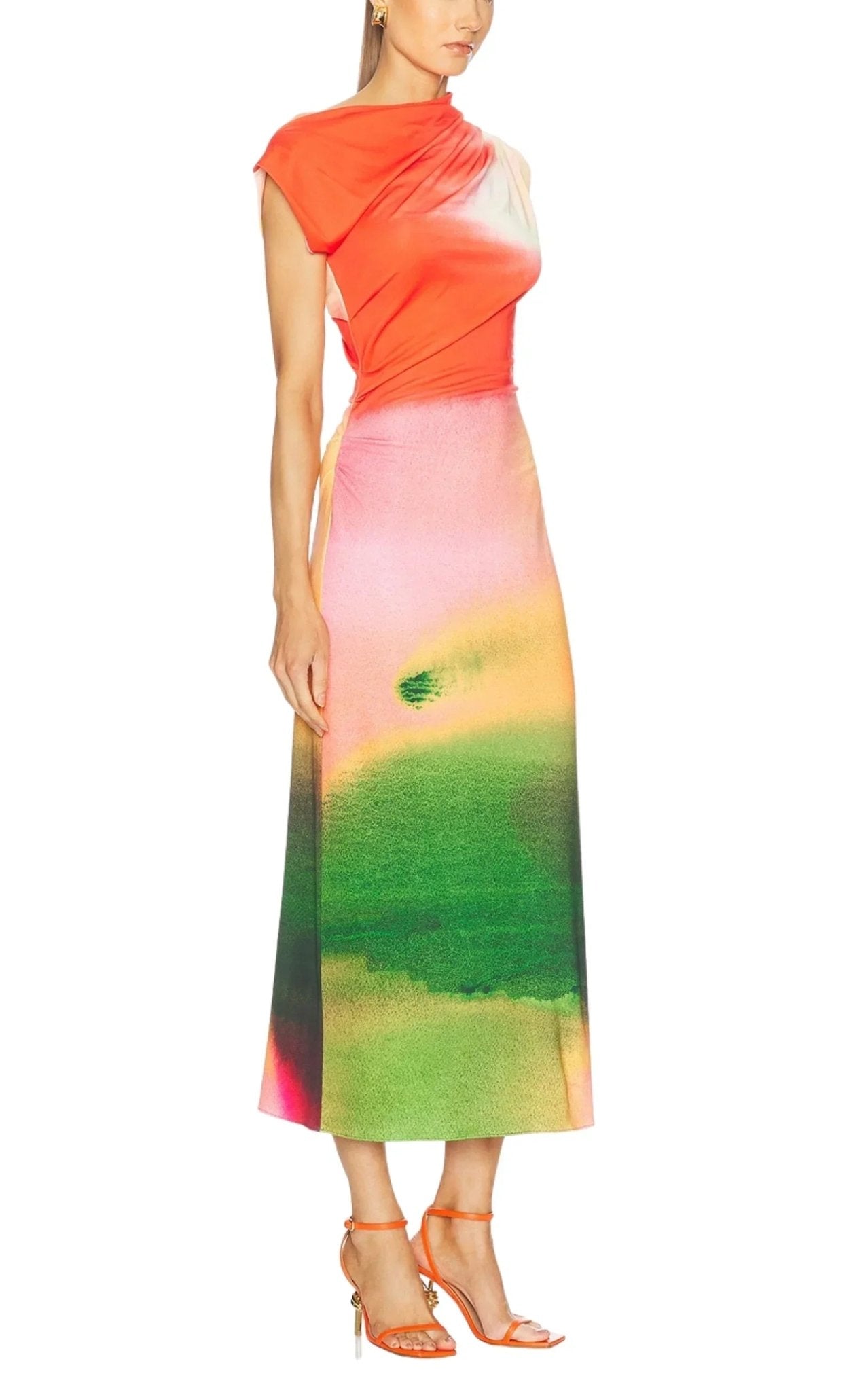 Oscar de la Renta Draped Watercolor - Print Jersey Midi Dress - Runway Catalog