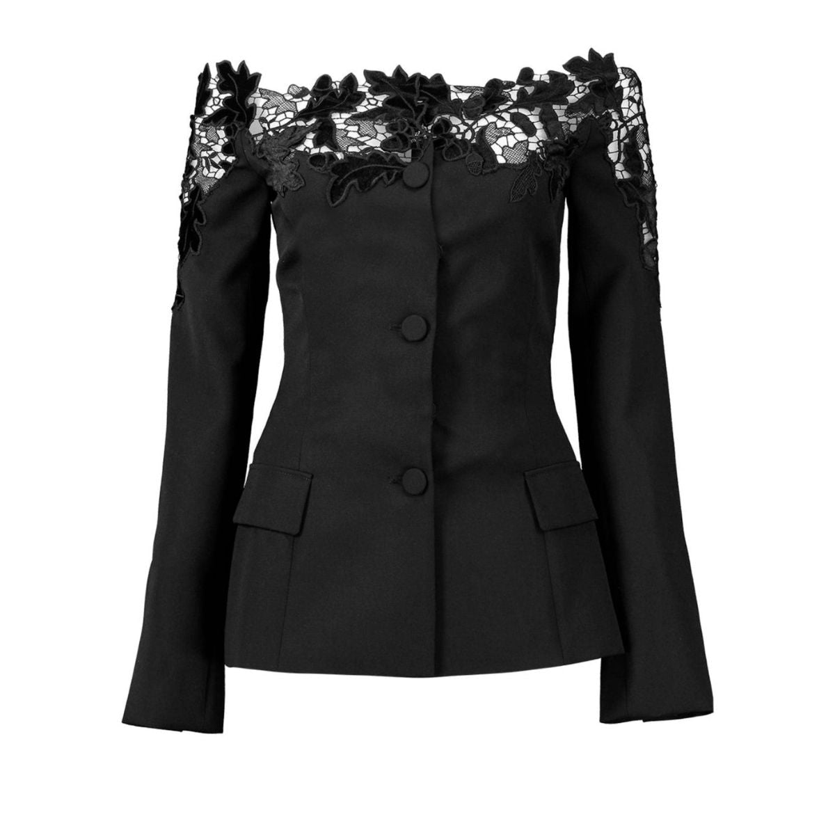 Oscar de la Renta Blazer en velours et dentelle guipure à épaules dénudées - Catalogue défilé