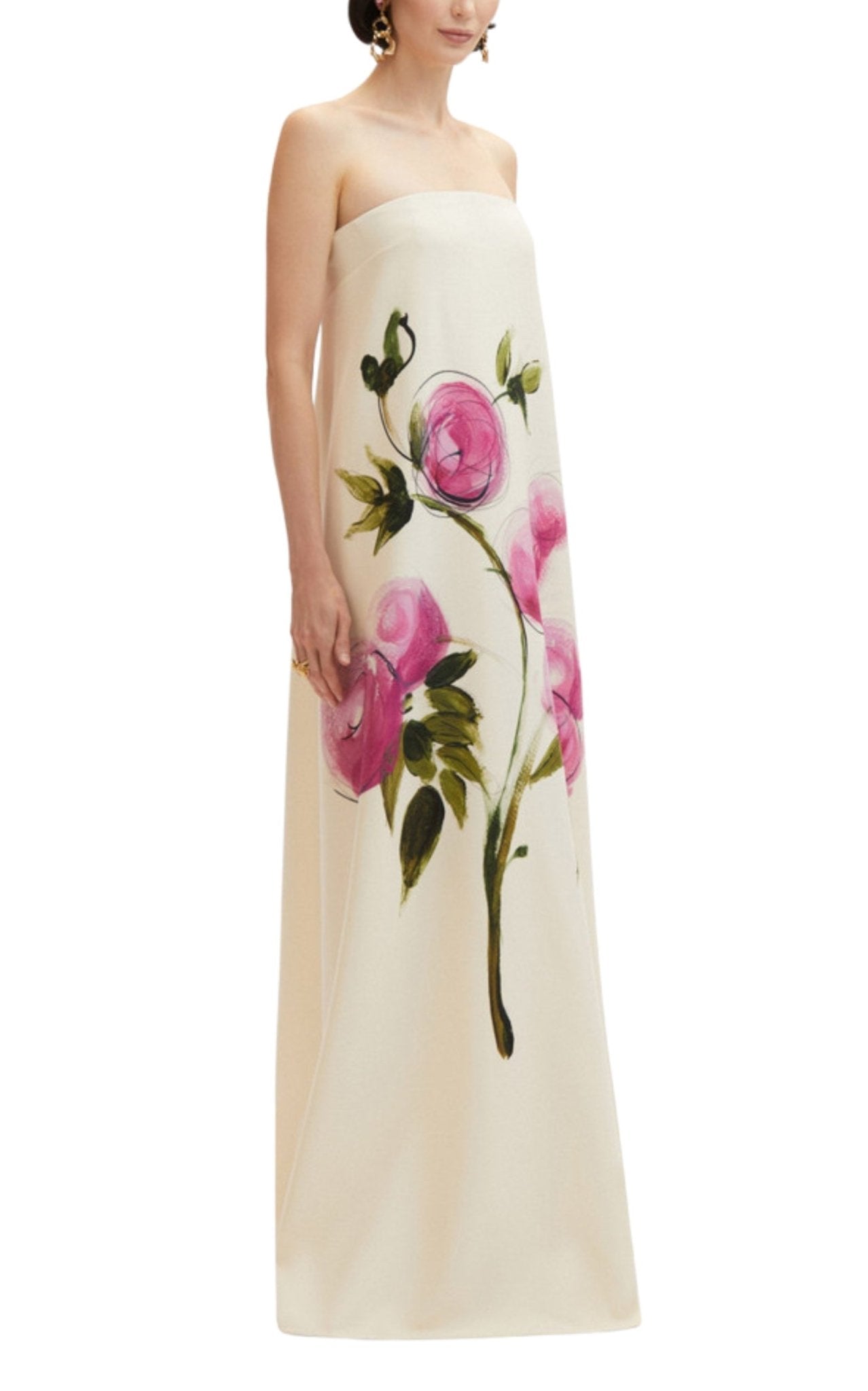 Oscar de la Renta painted roses strapless wool gown trapeze silhouette
