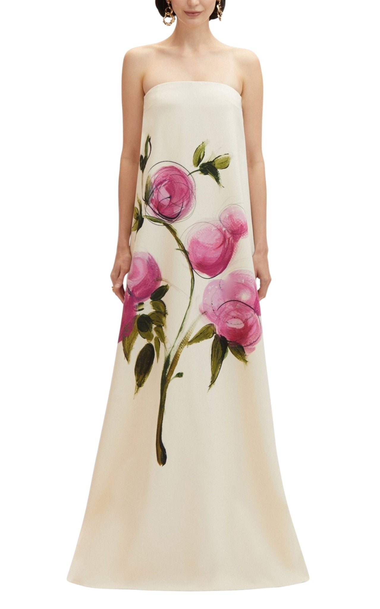 Oscar de la Renta painted roses strapless wool gown trapeze silhouette