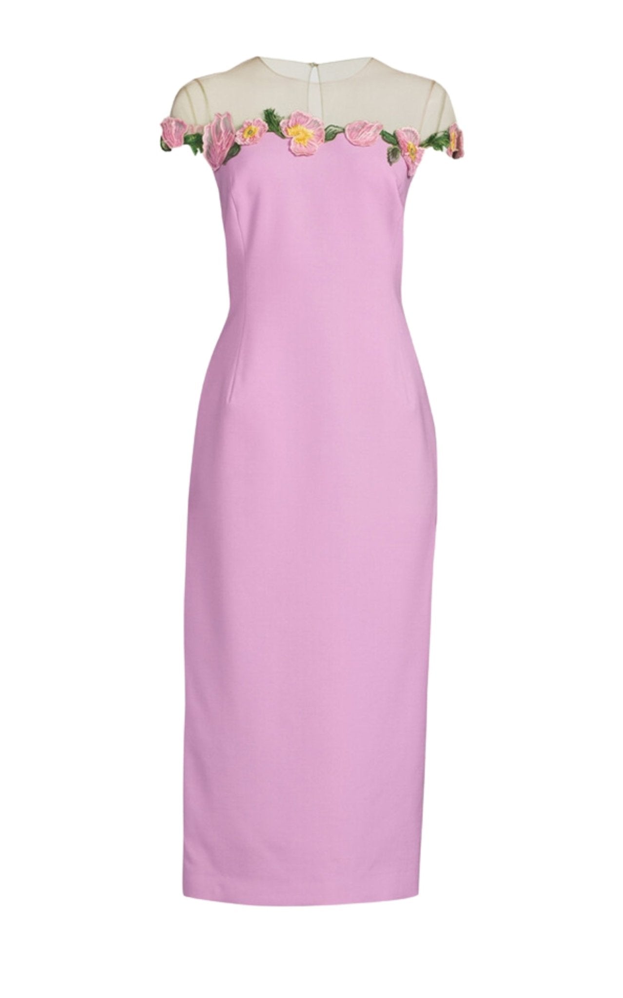 Oscar de la Renta Poppies Illusion Neck Pencil Wool Pink Midi Dress - Runway Catalog
