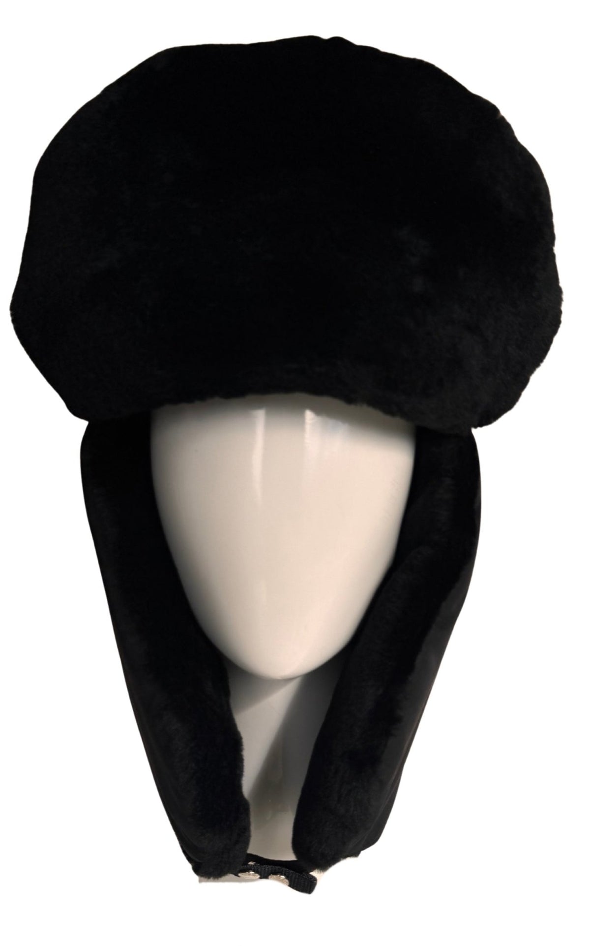 A black faux fur ushanka hat with ear flaps, displayed on a white mannequin head against a white background.