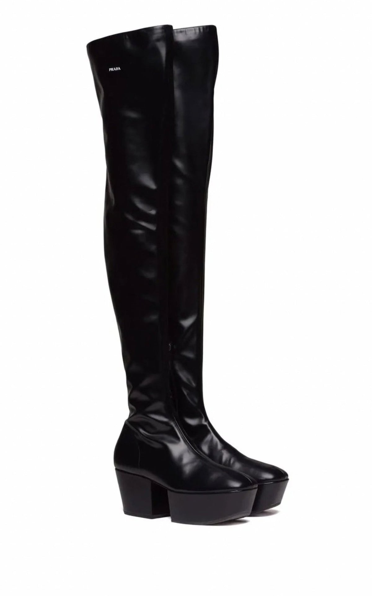 Prada black platform over-the-knee boots with square toe