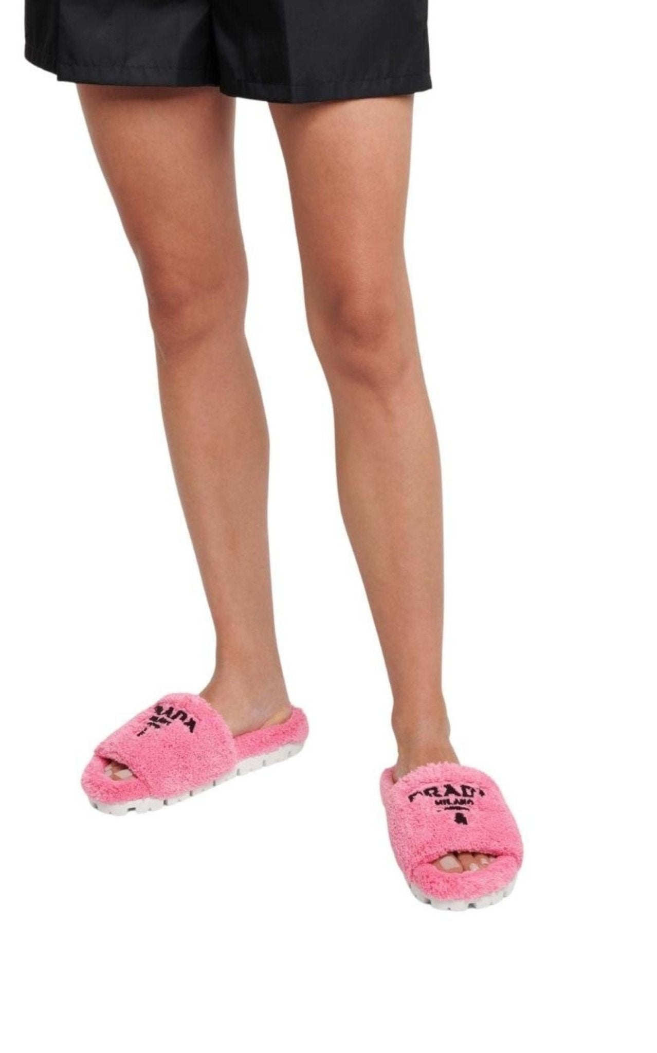 Prada Logo - embroidered Faux Shearling Slides - Runway Catalog