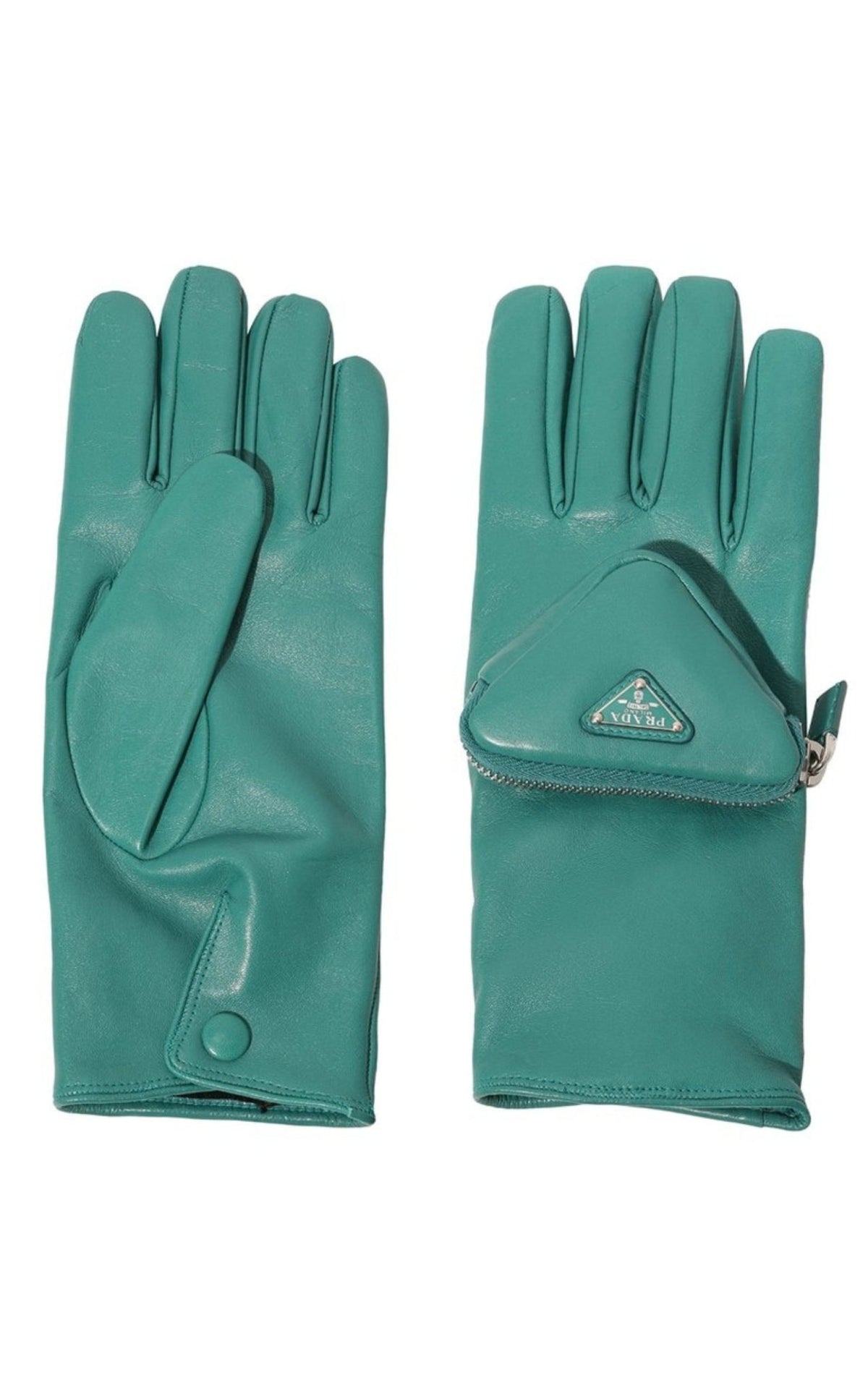 Prada turquoise nappa leather gloves with zipped pouch and triangle logo