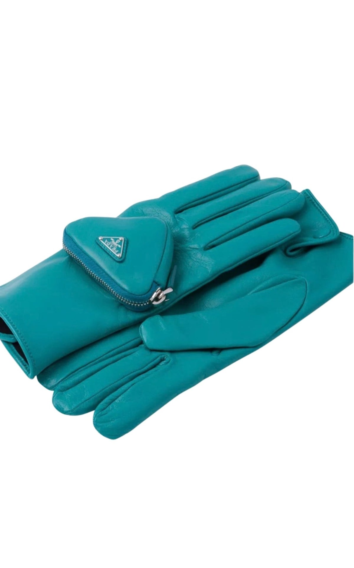 Prada turquoise nappa leather gloves with zipped pouch and triangle logo