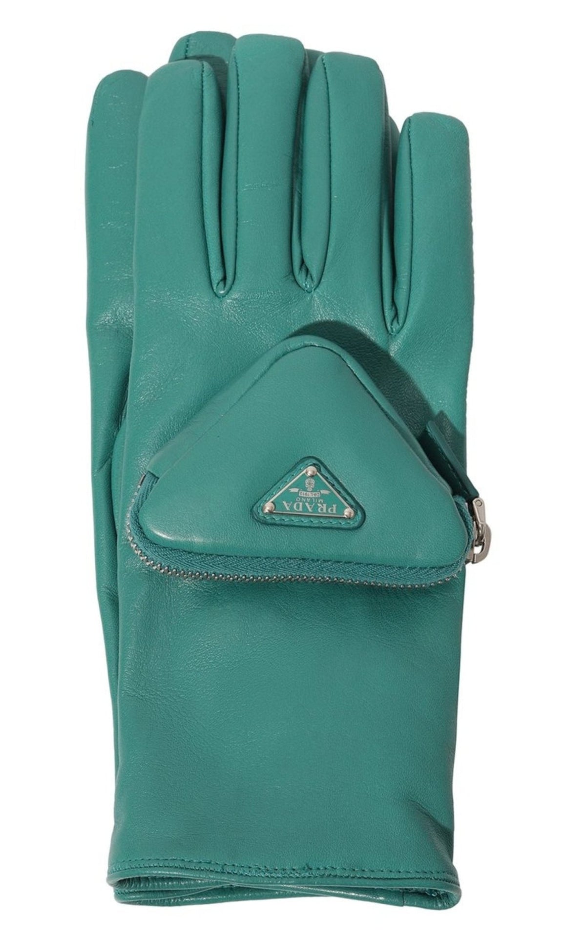 Prada turquoise nappa leather gloves with zipped pouch and triangle logo