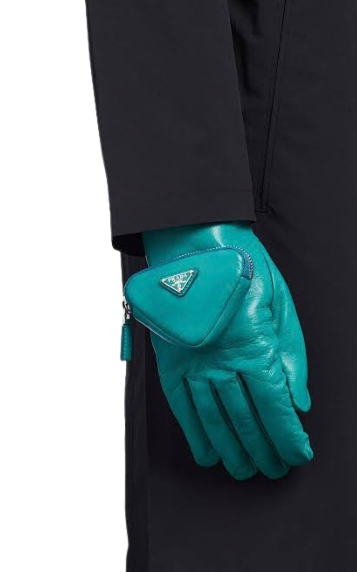 Prada turquoise nappa leather gloves with zipped pouch and triangle logo