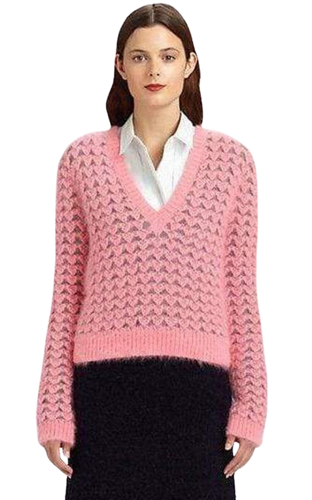 Pringle of Scotland Chunky Pink Angora V Neck Jumper - Runway Catalog
