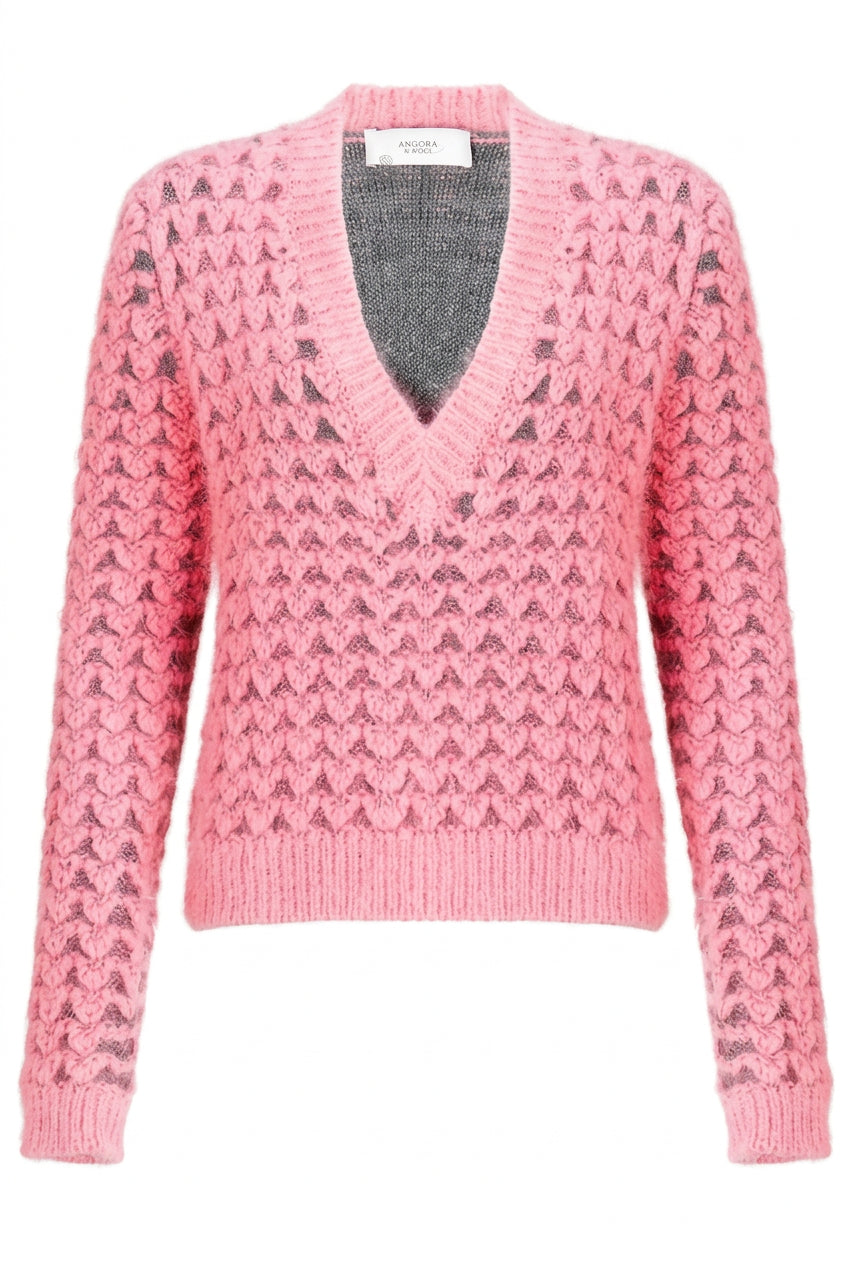 Pringle of Scotland Chunky Pink Angora V Neck Jumper - Runway Catalog