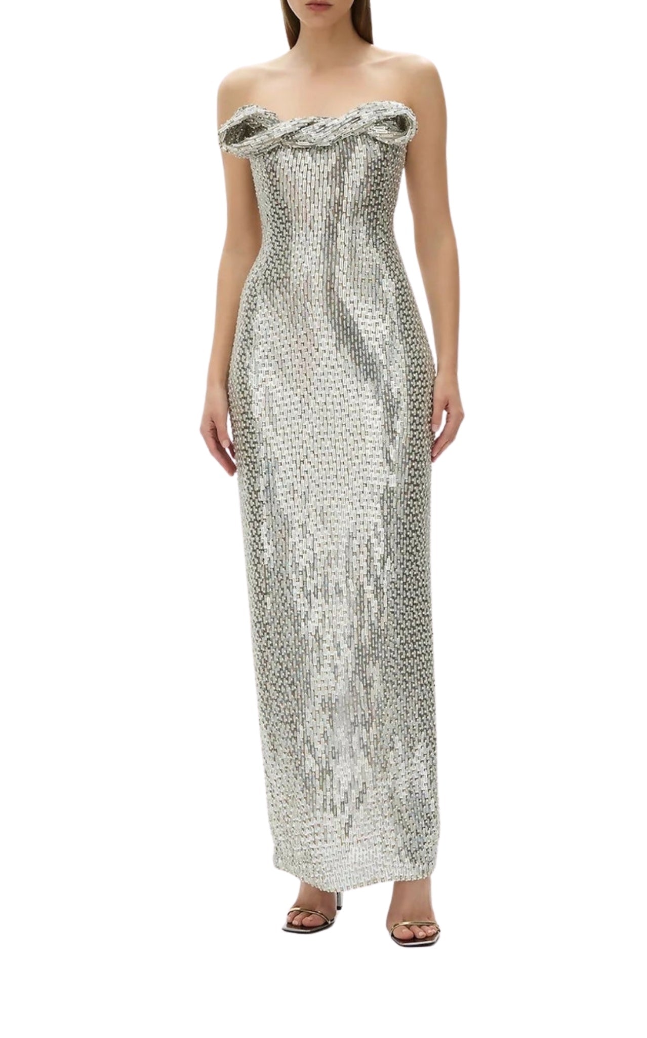 Rachel Gilbert Rosalie silver hand beaded column gown strapless bow bust