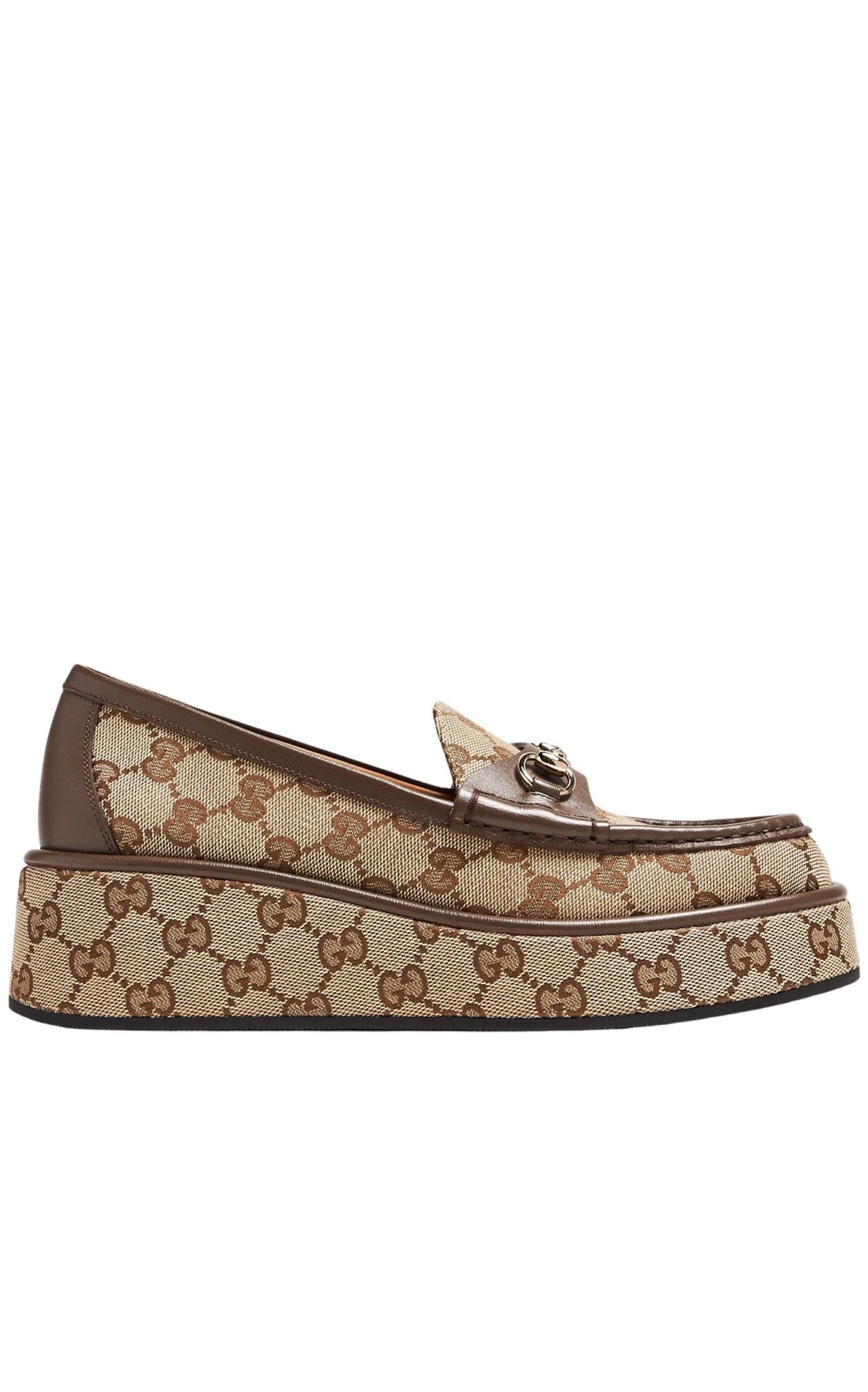 Runway-Katalog Gucci Horsebit Wedge Loafers in Beige Ebony GG Canvas mit goldenen Metallbeschlägen – Runway-Katalog
