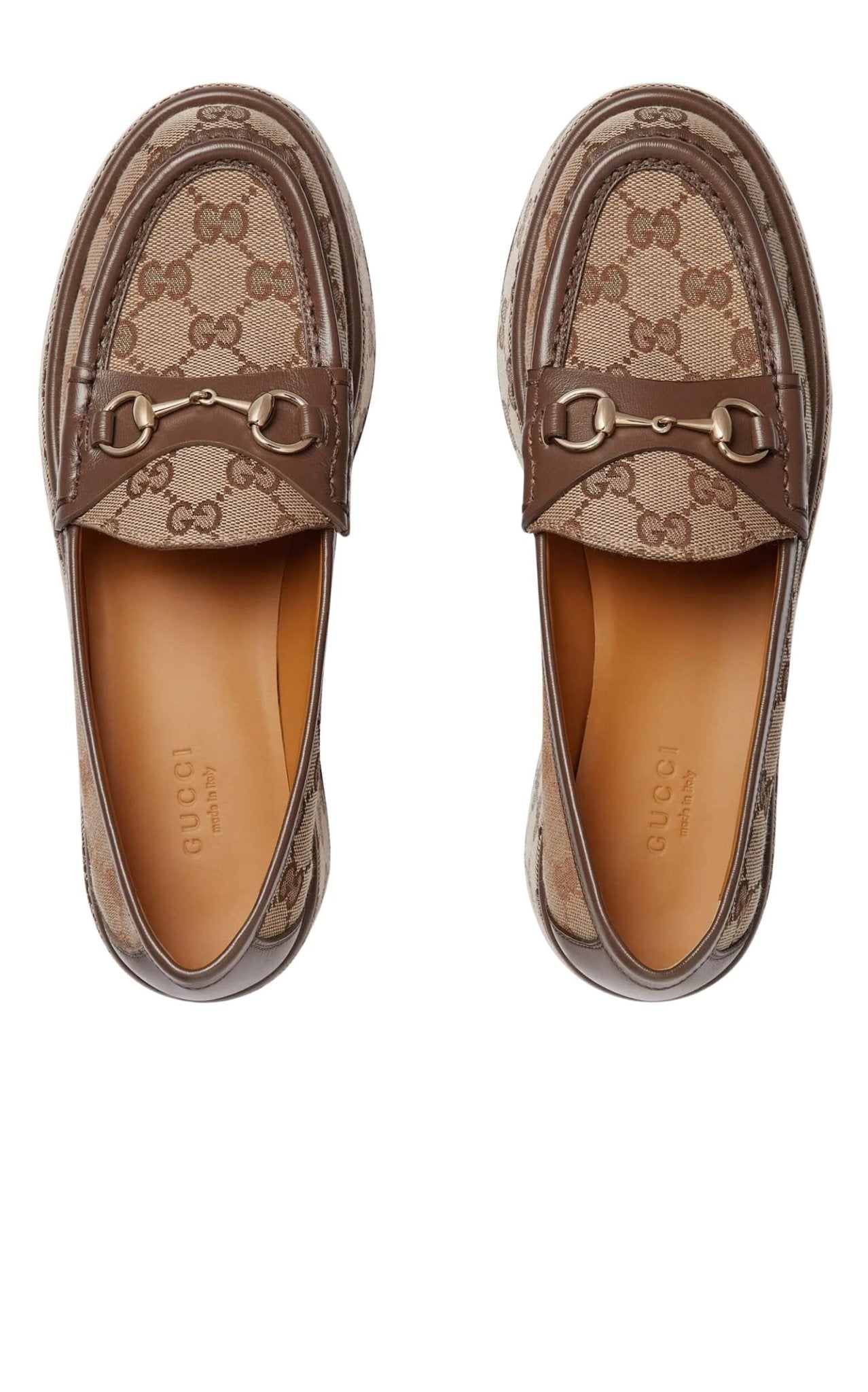 Runway-Katalog Gucci Horsebit Wedge Loafers in Beige Ebony GG Canvas mit goldenen Metallbeschlägen – Runway-Katalog