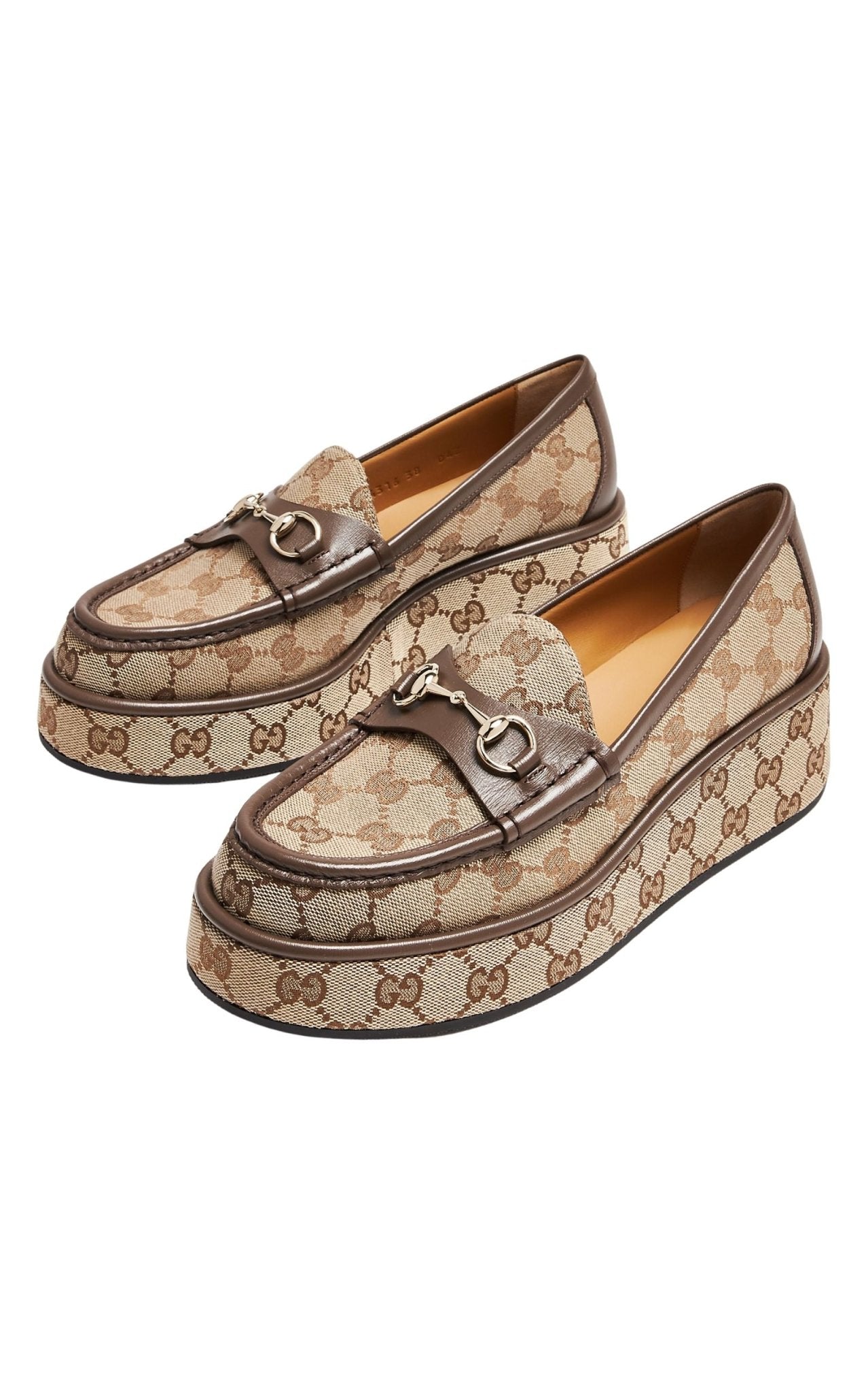 Runway-Katalog Gucci Horsebit Wedge Loafers in Beige Ebony GG Canvas mit goldenen Metallbeschlägen – Runway-Katalog
