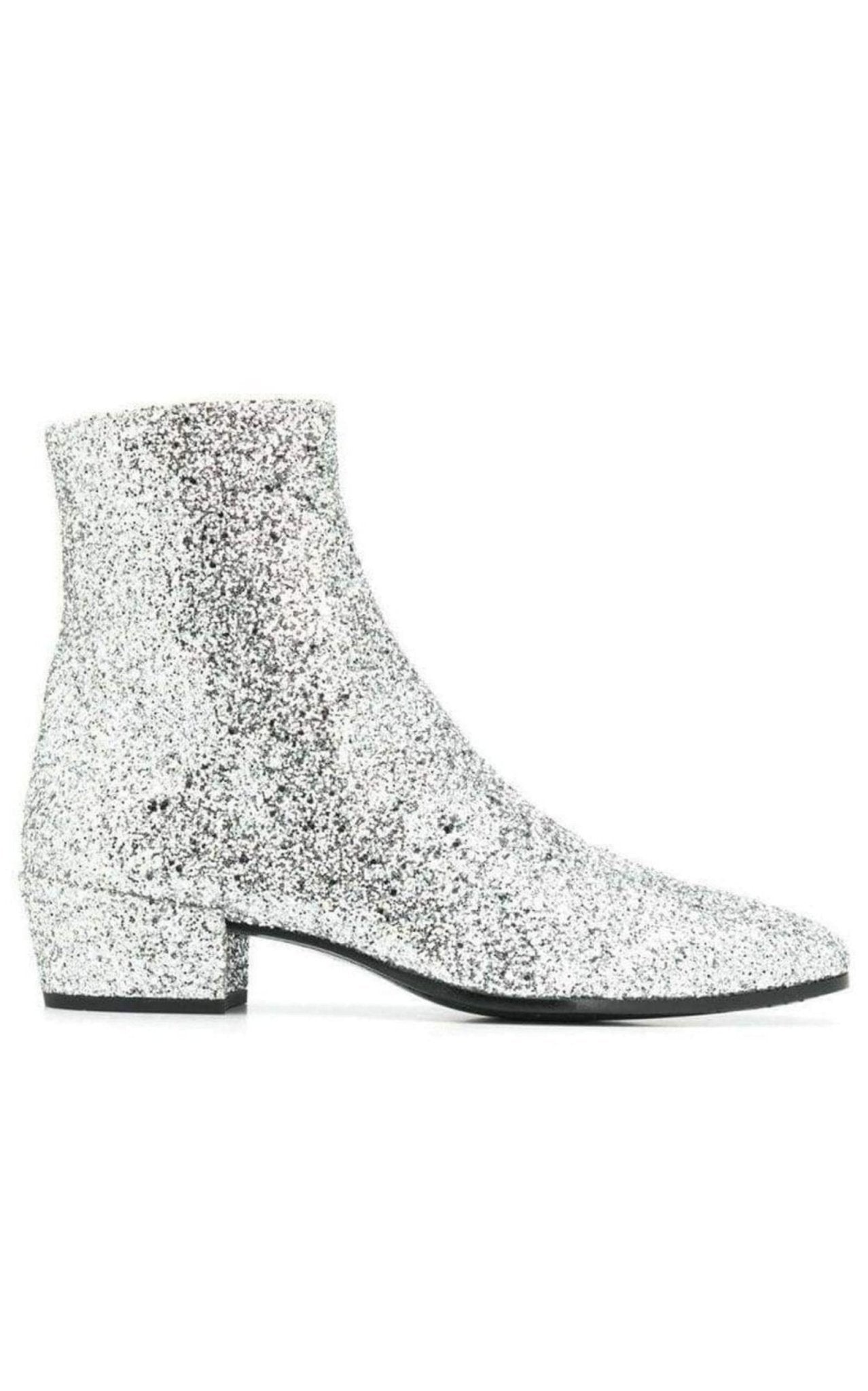Saint Laurent Silberne Glitzer-Stiefeletten – Laufsteg-Katalog