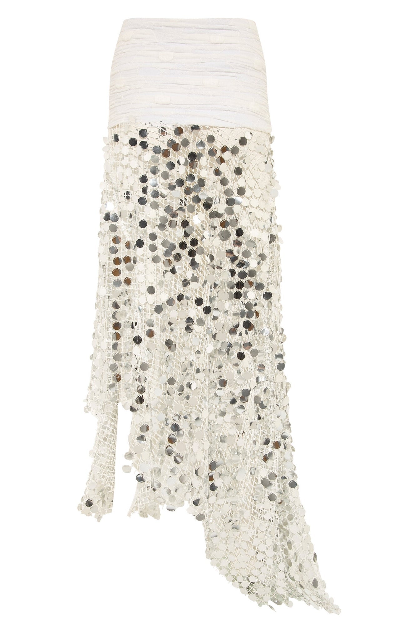 Siedres Silvana white silver sequinned knit maxi skirt with asymmetrical hem