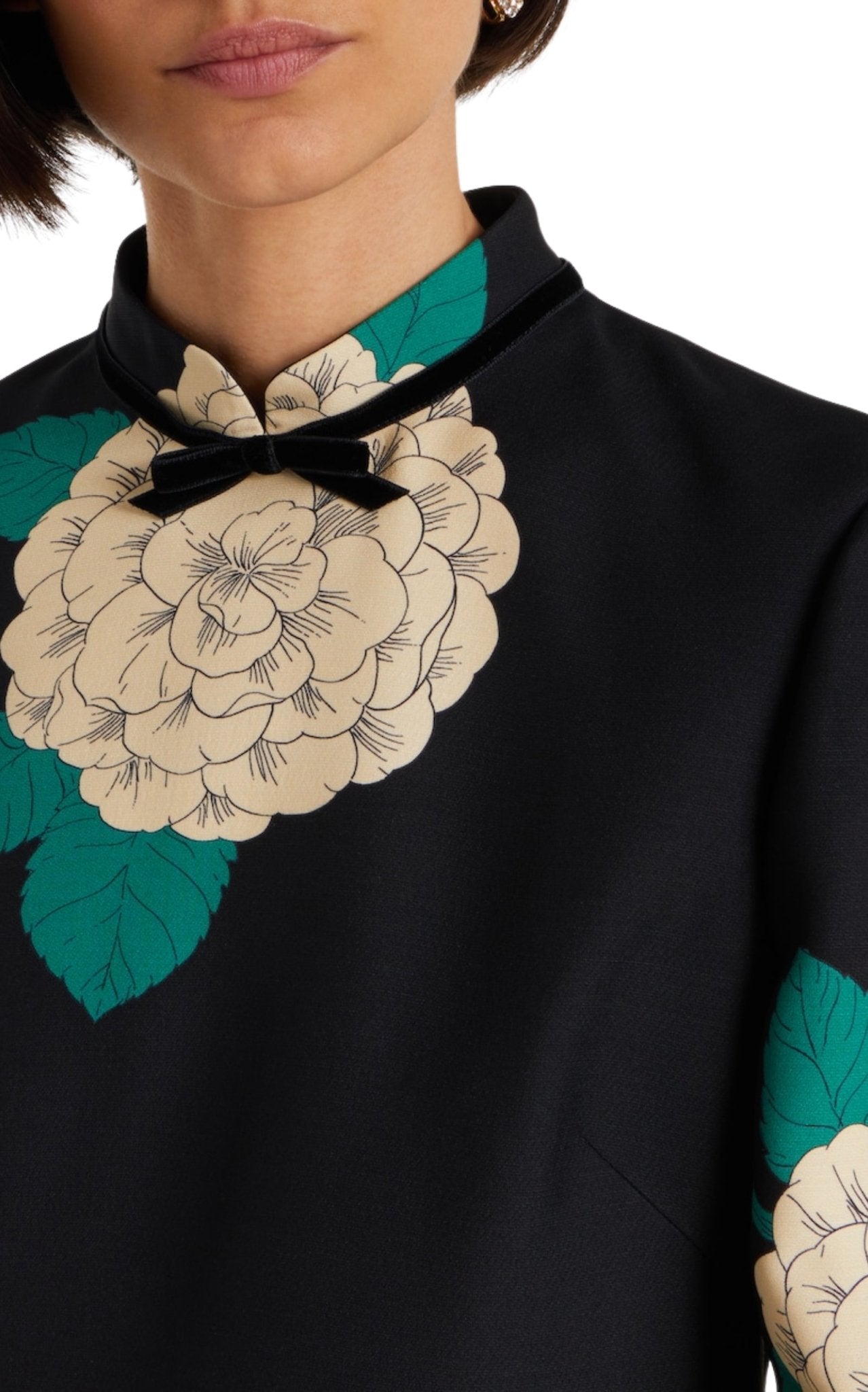 Valentino Crepe Couture floral minidress with high neckline, bow detail, three-quarter sleeves, and ruffled cuffs, front view