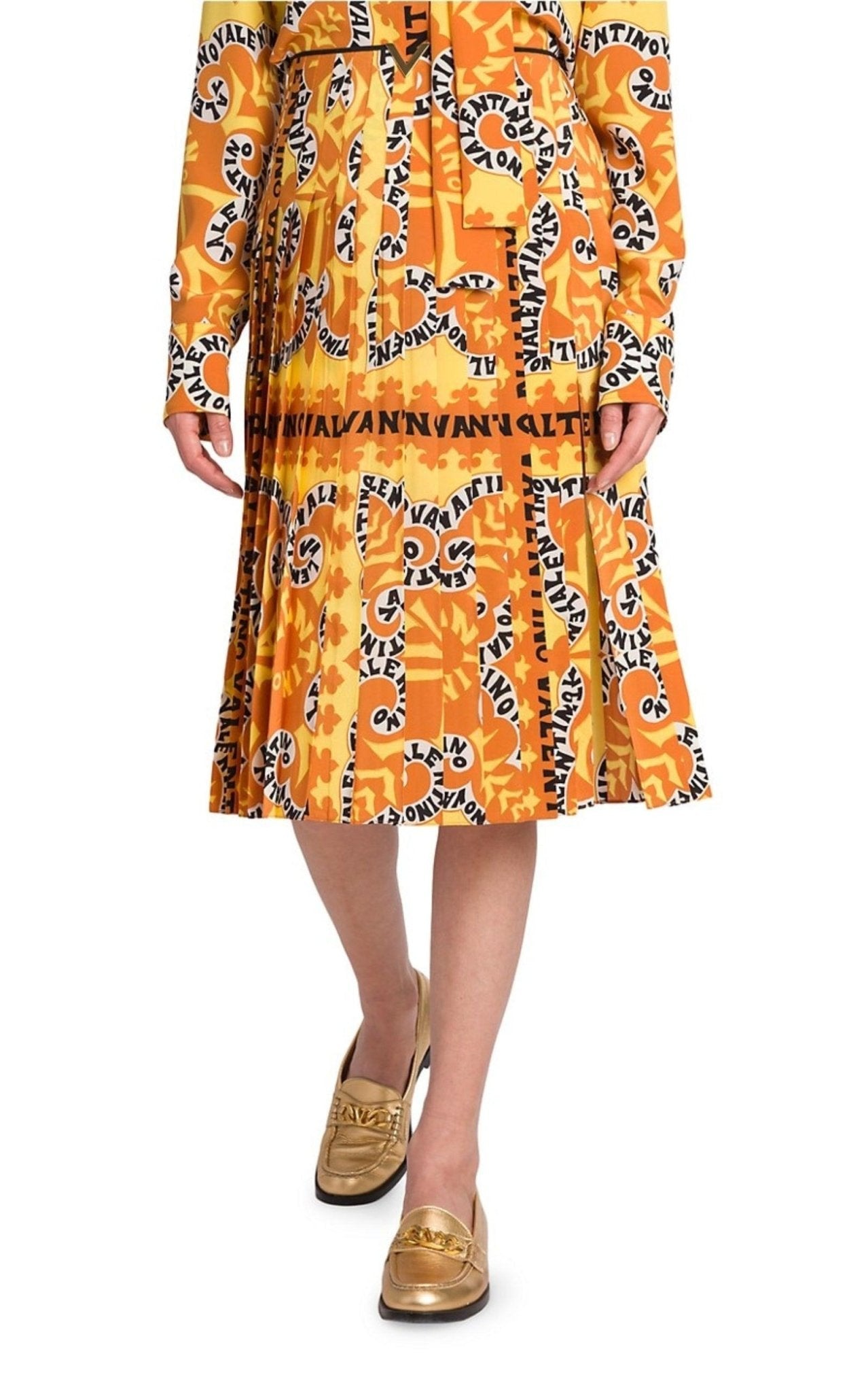 Valentino Pleated Logo Print Silk Midi Skirt - Runway Catalog