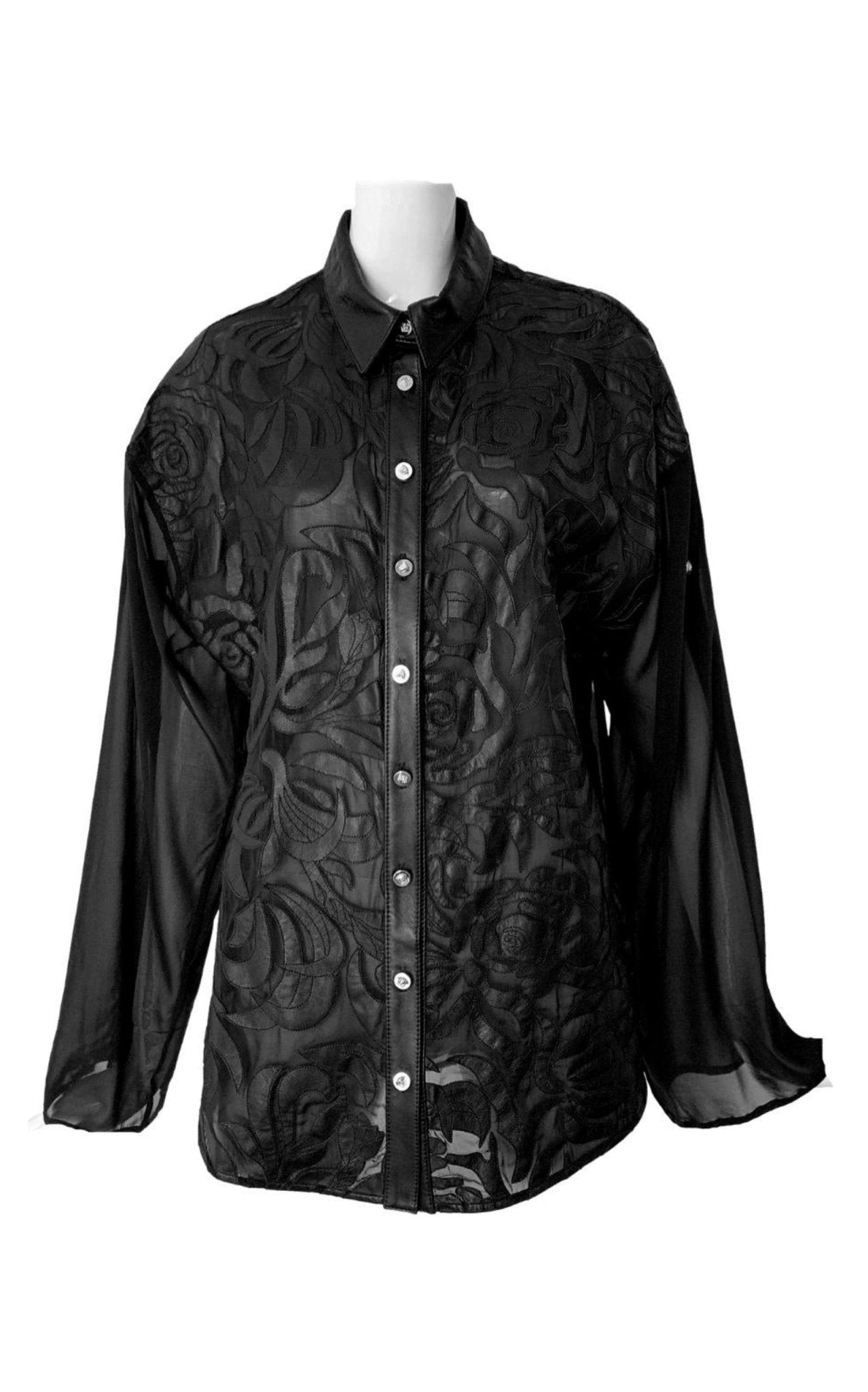 Versace Black Silk Cut - Out Leather Appliqué Shirt - Runway Catalog