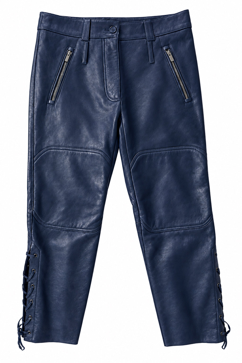 A pair of dark navy blue Miu Miu leather pants featuring zippered pockets, reinforced knee patches, and lace-up detailing on the sides, shown against a plain white background.